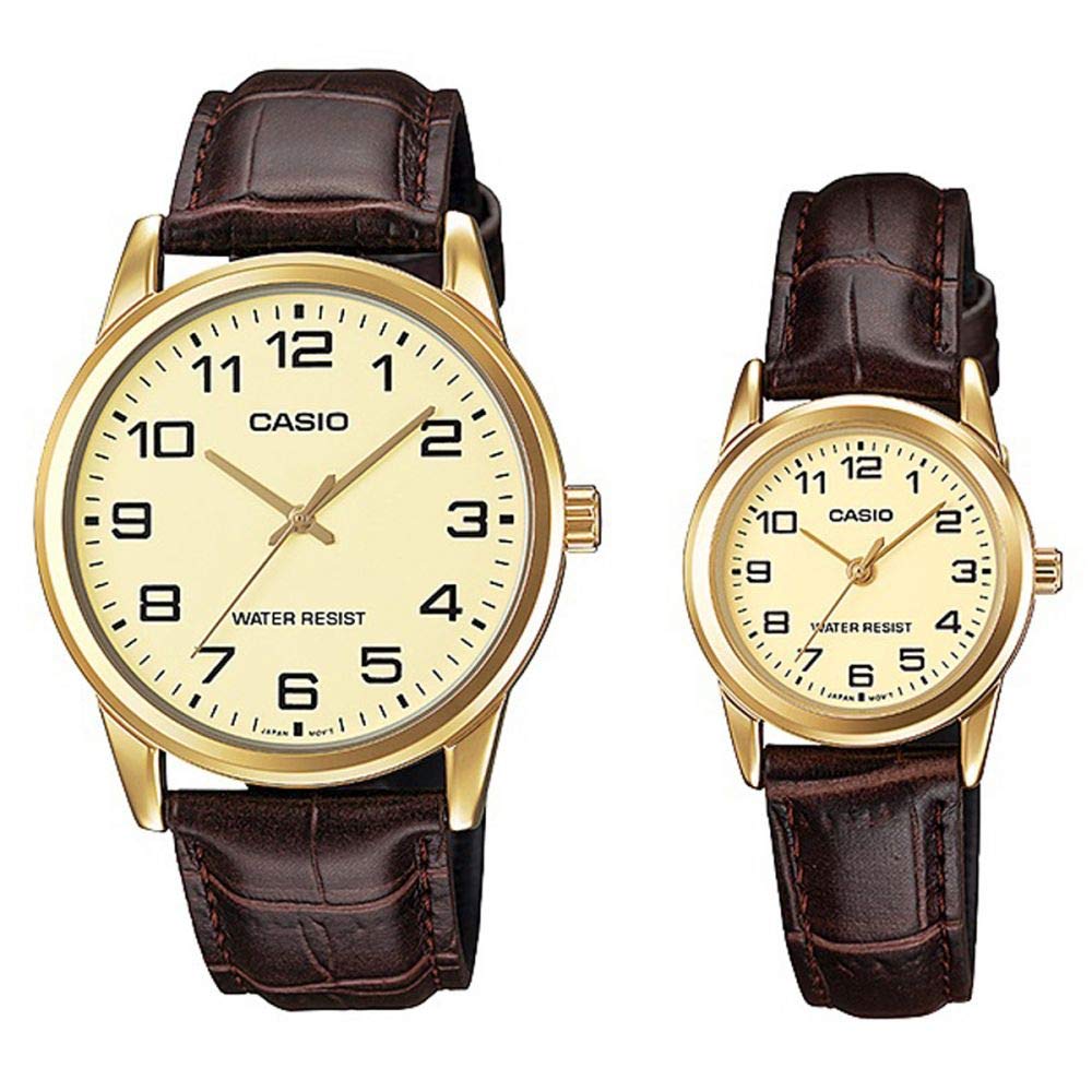 ساعت جفتی Casio His & Hers با صفحه طلایی و بند چرمی - MTP/LTP-V001GL-9BUDF