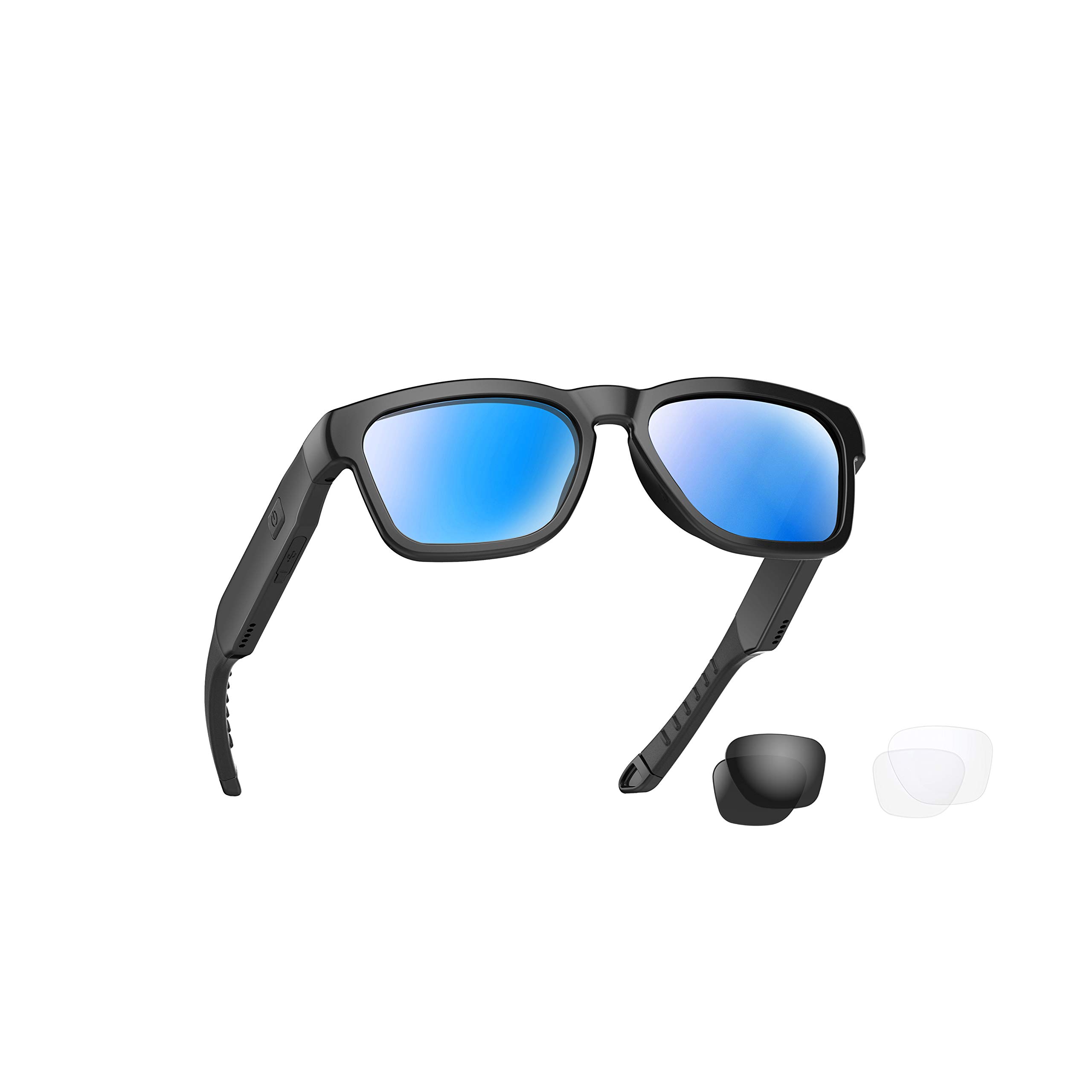 عینک هوشمند OhO ، Unisex، دارای سانگلاس با پزشکی شده Bluetooth، محافظت UV ورزشی/خارج از منزل، کنترل صدا، قاب سیاه-عدسی آبی (کلاسیک)