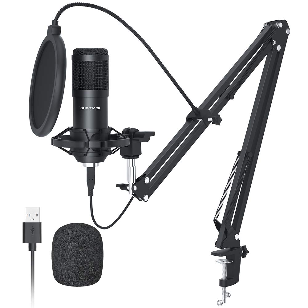 میکروفون حرفه ای SUDOTACK USB برای پادکست استریمینگ در کامپیوتر، کیت میکروفون کاندنسر استودیویی 192KHZ/24Bit با الگوی قلبی کاردیوید، همراه با کارت صدا، بازوی انعطاف پذیر، نگه دارنده شوک مونت، فیلتر پاپ، برای اسکایپ، یوتیوبر، کارائوکه، بازی و ضبط صدا