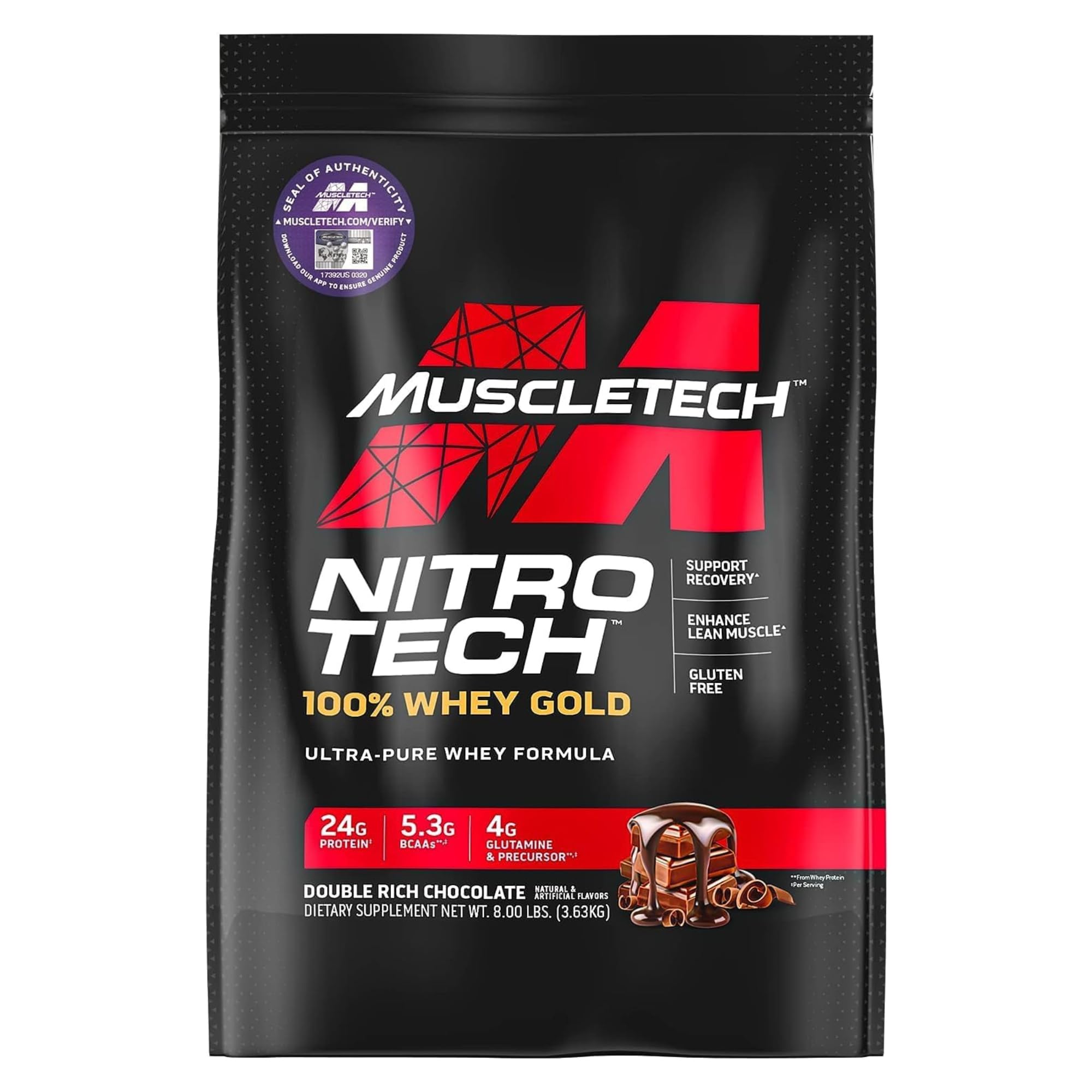 فرمول پروتئین وی پاک Muscletech Nitro Tech Ultra-Pure برای بازیابی سریع، بدون گلوتن با 24 گرم پروتئین، 5.3 گرم BCAA و 4 گرم گلوتامین و پیش‌ماده، طعم شکلات دوبل ریچ، 8.00 پوند