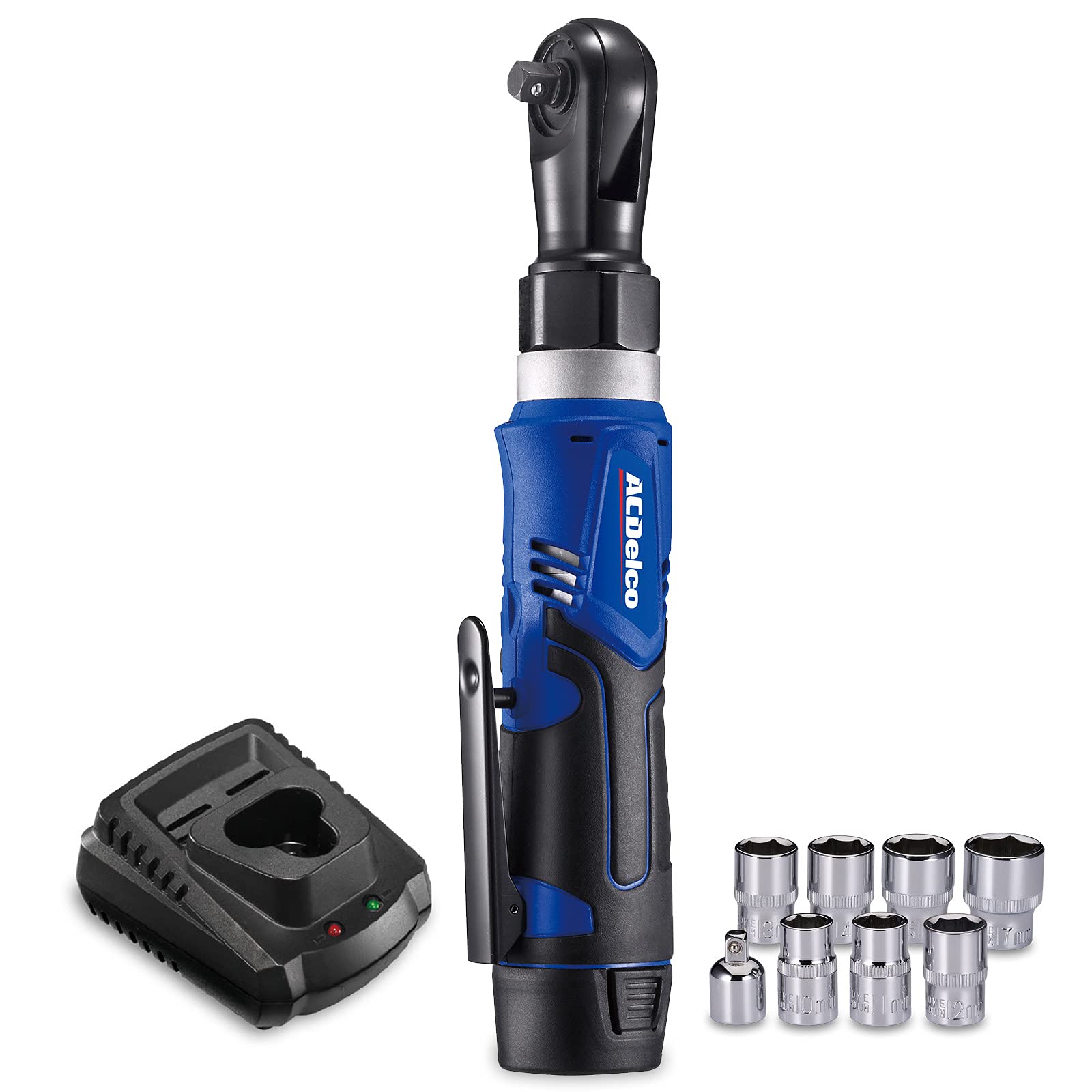 سوکت برقی بی سیم ACDelco با سرنگ 3/8 اینچ، حداکثر 12 ولت. گشتاور 45 فوت-پوند اندازه کوچک، حداکثر 100 فوت-پوند. کیت ابزار با باتری 2.0 آمپر و شارژر ARW1209