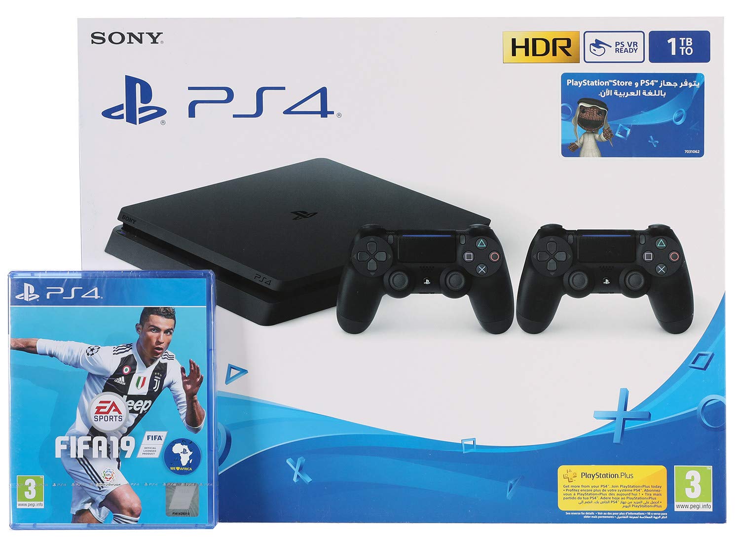 سونی پلی استیشن 4 اسلیم ۱ ترابایت با ۲ کنترلر، رنگ مشکی همراه با FIFA 19 نسخه عربی