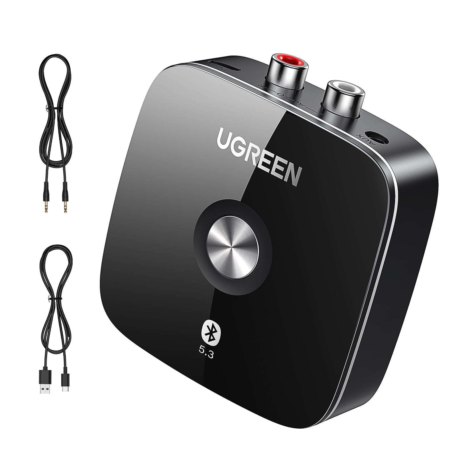 پخشگر بلوتوث UGREEN نسخه 5.3، آداپتور صدای بی‌سیم بلوتوث برای سیستم صوتی خانگی و اتومبیل با پشتیبانی از درگاه 3.5 میلی‌متری و 2 RCA، سازگار با تلفن‌ها، تبلت‌ها، اسپیکرها و آمپلی‌فایر