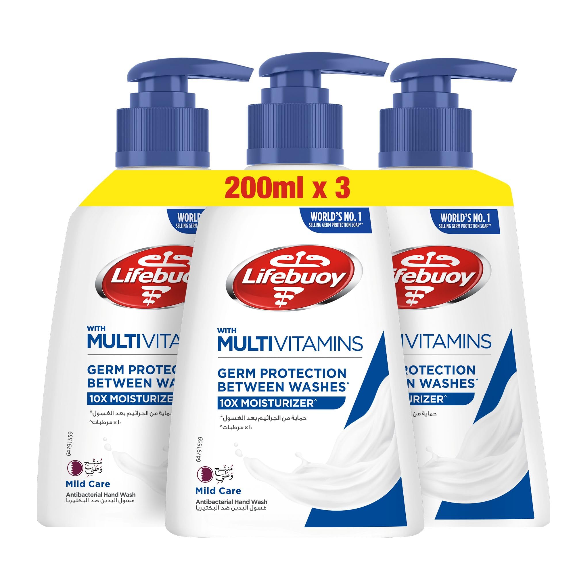شستشوی دست LIFEBUOY، مراقبت ملایم برای حفاظت ۱۰۰٪ قوی‌تر در برابر جرم‌ها* با ۱۰ برابر مرطوب‌کننده^، ۲۰۰ میلی‌لیتر x ۳ محصول ۳ x ۲۰۰ میلی‌لیتر