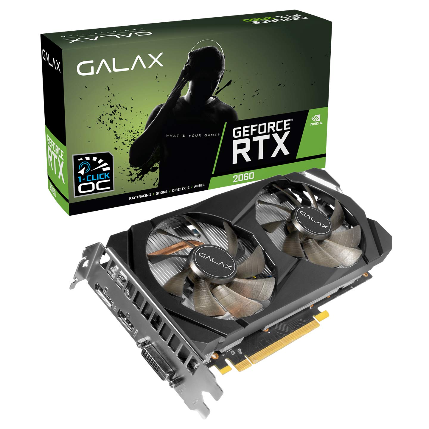 GALAX گالاکس
GeForce® RTX 2060 (1-Click OC) جی فورس® آر تی ایکس ۲۰۶۰ (اورکلاک ۱ کلیک)
6GB GDDR6 6 گیگابایت جی دی دی آر ۶
192-bit ۱۹۲ بیت
DP/HDMI/DVI-D  دی پی/اتش دی ام ای/دی وی دی-دی