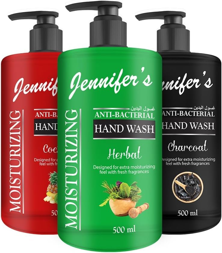 شستشوی دست ضد باکتری متنوع جنیفر 500 میلی لیتر (بسته ۳ عدد) - بیش از حد مرطوب کننده، تمیز کننده و محافظ، کشتن ۹۹.۹٪ باکتری‌ها، فرمول مرطوب کننده، عطر خنک کننده 1.5 لیتر 3 عدد 500 میلی لیتر