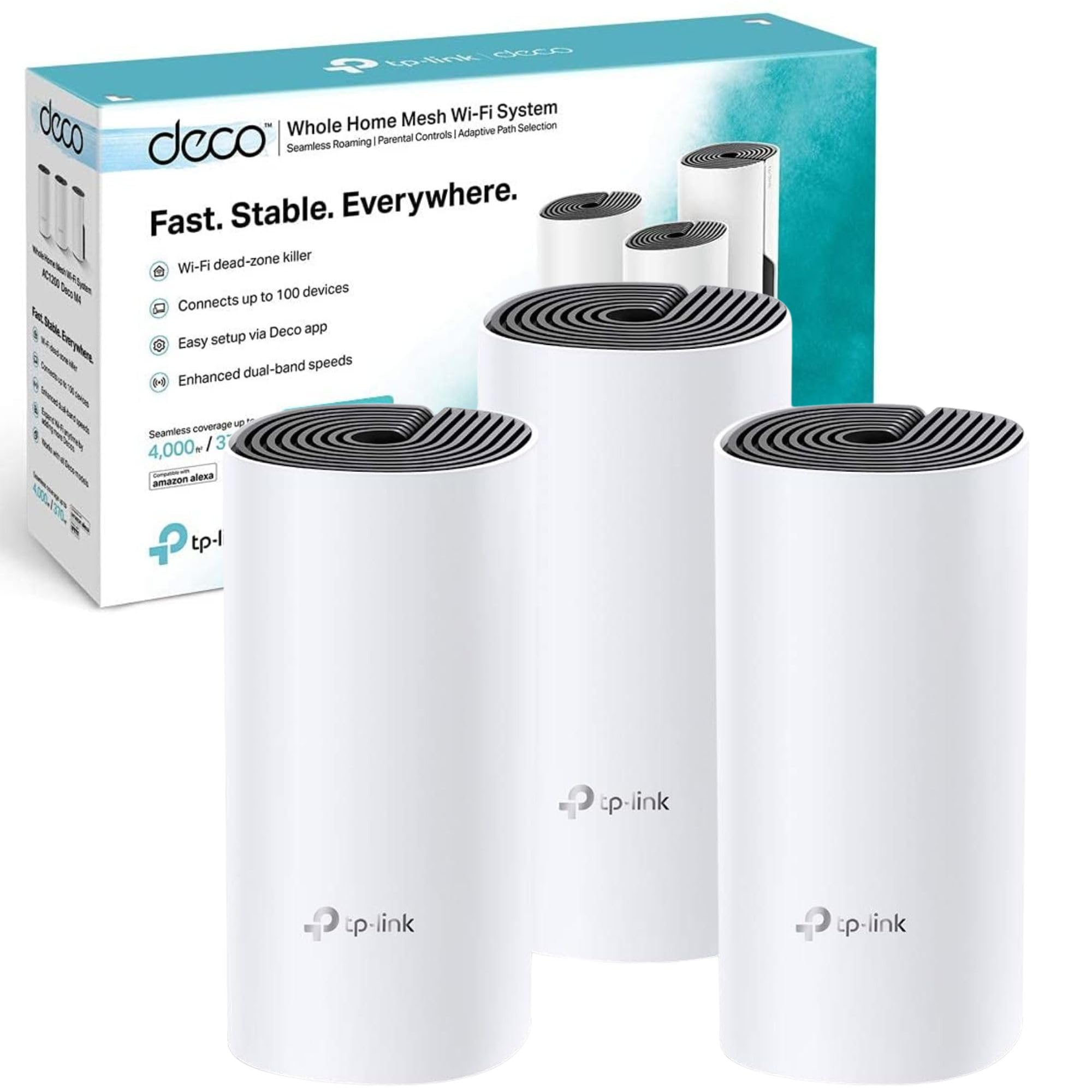 سیستم وای‌فای مش تمام خانه TP-Link Deco M4، پوشش تا ۴۰۰۰ فوت مربع، پردازنده کوالکام، دو باند AC1200 با پورت‌های گیگابیت، سازگار با آمازون اکو/آلکسا، کنترل والدین، بسته ۳تایی