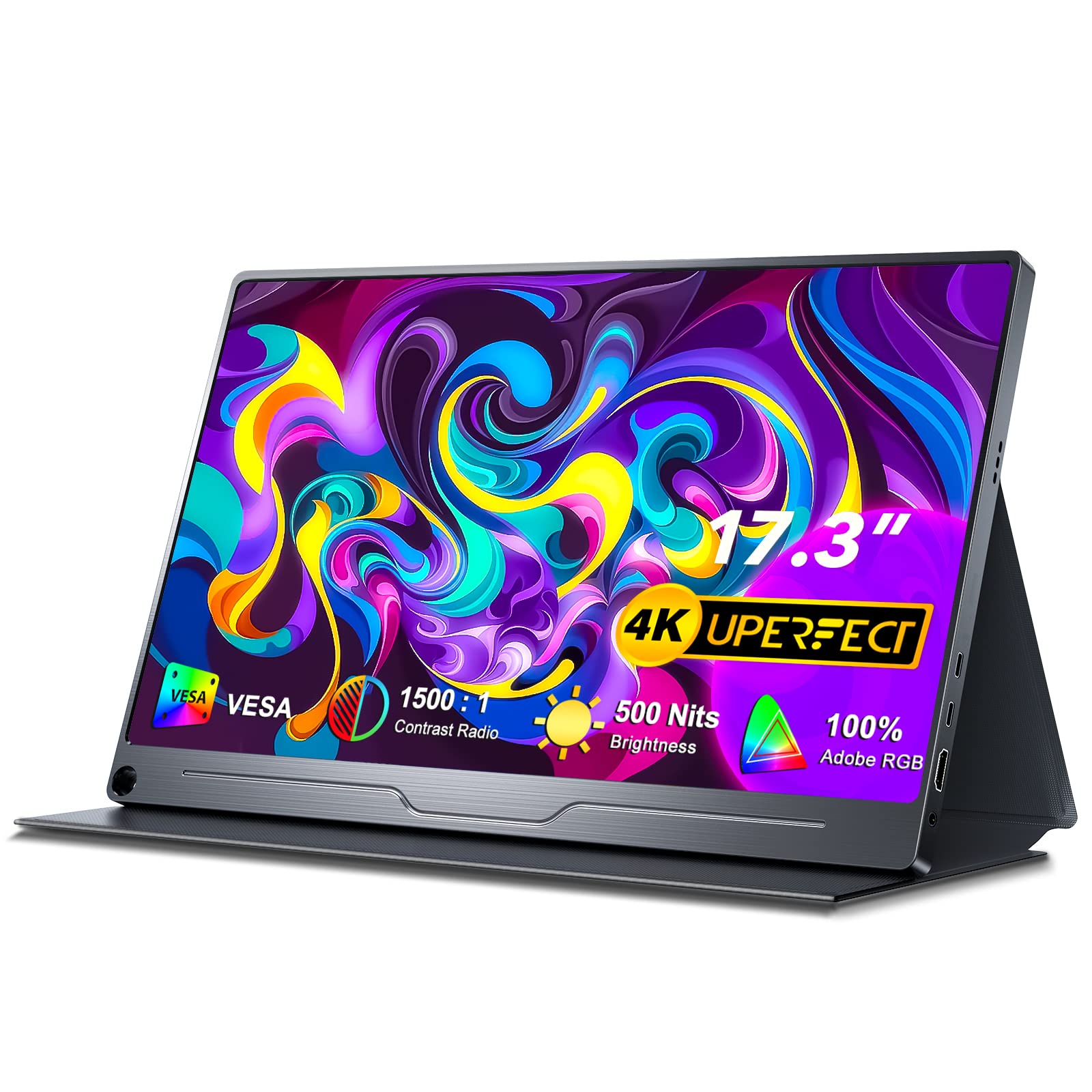 صفحه نمایش قابل حمل UPERFECT 4K ، 17.3 اینچ UHD FreeSync 100٪ Adob RGB 500 نیت سطوع HDR IPS 2 اسپیکر مراقبت از چشم نمایش بازی USB-C HDMI برای Xbox PS4 Switch لپ تاپ PC تلفن Mac ، VESA & Smart Case 17.3" 4K