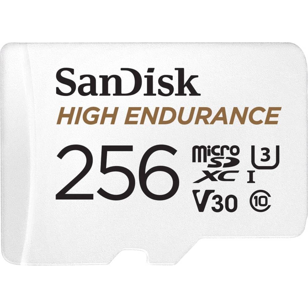 کارت حافظه MicroSDXC با ظرفیت 256گیگابایت Sandisk High Endurance Video به همراه آداپتور برای دوربین خودرو و سیستم‌های نظارتی خانگی - کلاس 10، UHS Speed Class 3، ویژگی V30، کیفیت تصویر 4K UHD، مدل SDSQQNR-256G-GN6IA