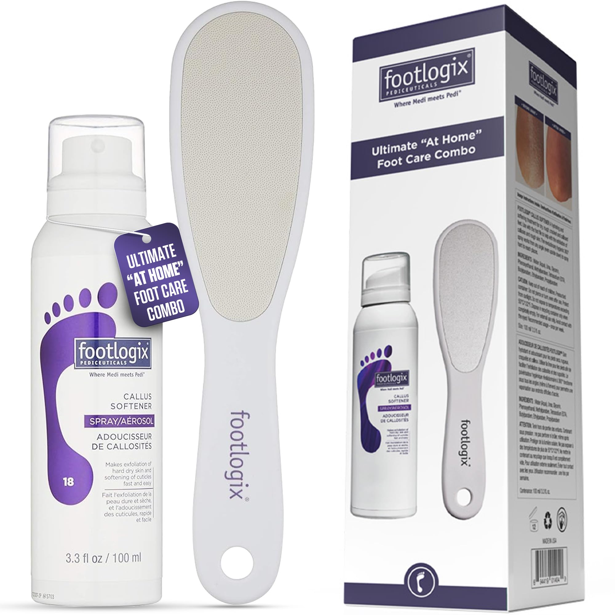 کمبوی مراقبت از پای خانگی Footlogix Ultmate - اسپری نرم کننده کالوس، فرمول مراقبت روزانه + فایل پا