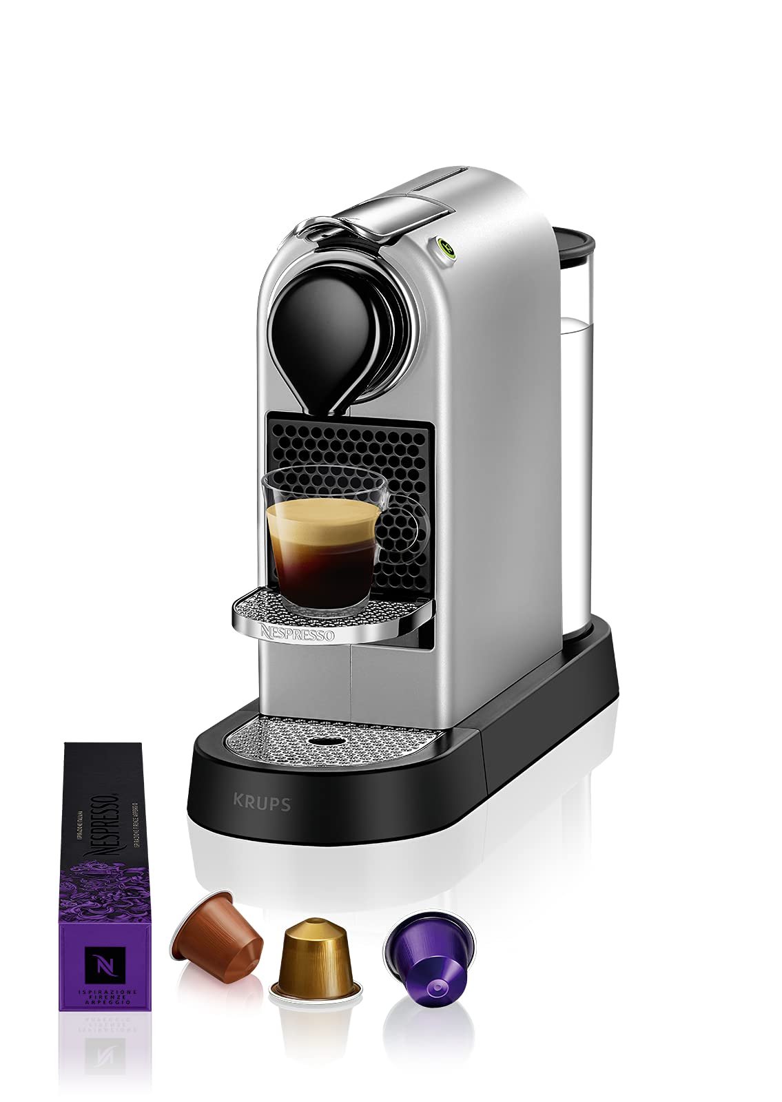 ماشین قهوه Nespresso Krups CitiZ، ماشین اسپرسو مستقل، خاموشی خودکار، مخزن آب 1 لیتری، 1260 وات، نقره ای، مدل XN741B سیتیز نقره ای