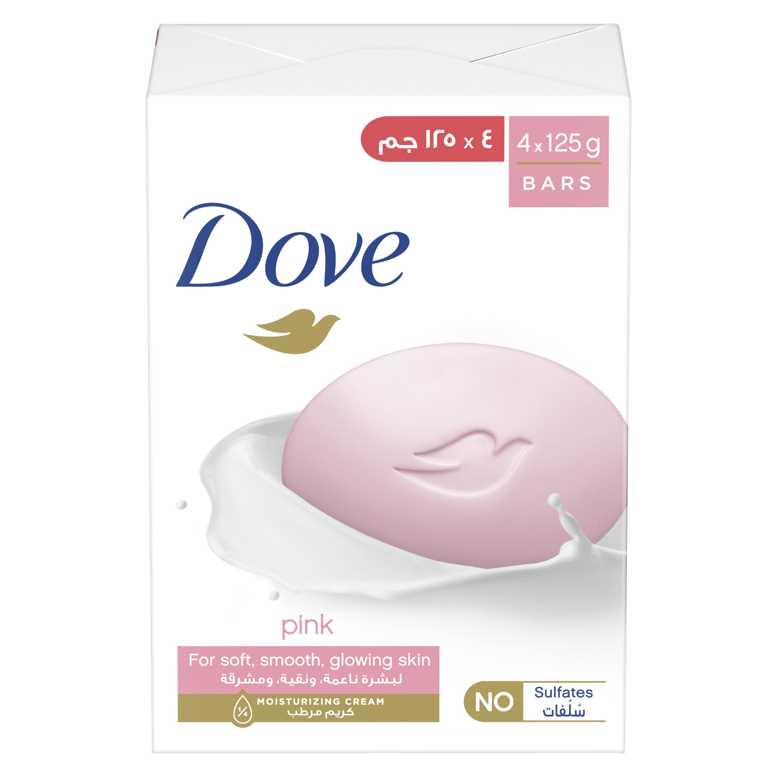 نوار صابون صورت زیبایی DOVE، مناسب برای انواع پوست، رنگ صورتی، دارای ¼ کرم مرطوب کننده، 125 گرم، بسته ۴ عددی به وزن ۵۴۰ گرم