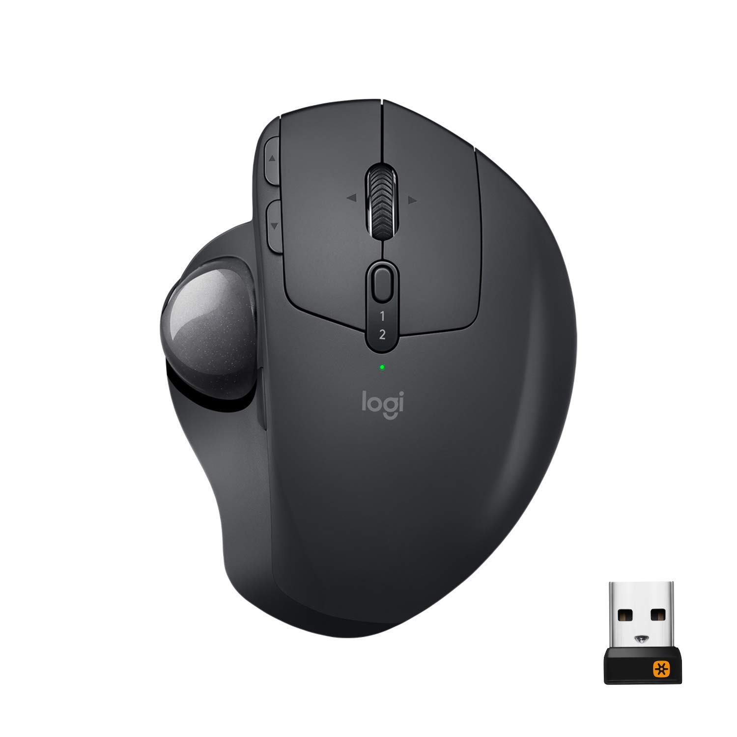 ماوس ترکبال بی‌سیم Logitech Mx Ergo، بلوتوث یا 2.4 گیگاهرتز با گیرنده یونیفاینگ USB، زاویه ترکبال قابل تنظیم، چرخ پیمایش دقیق، شارژ باتری USB-C، کامپیوتر / مک / آیپد او اس - مدرن سیاه