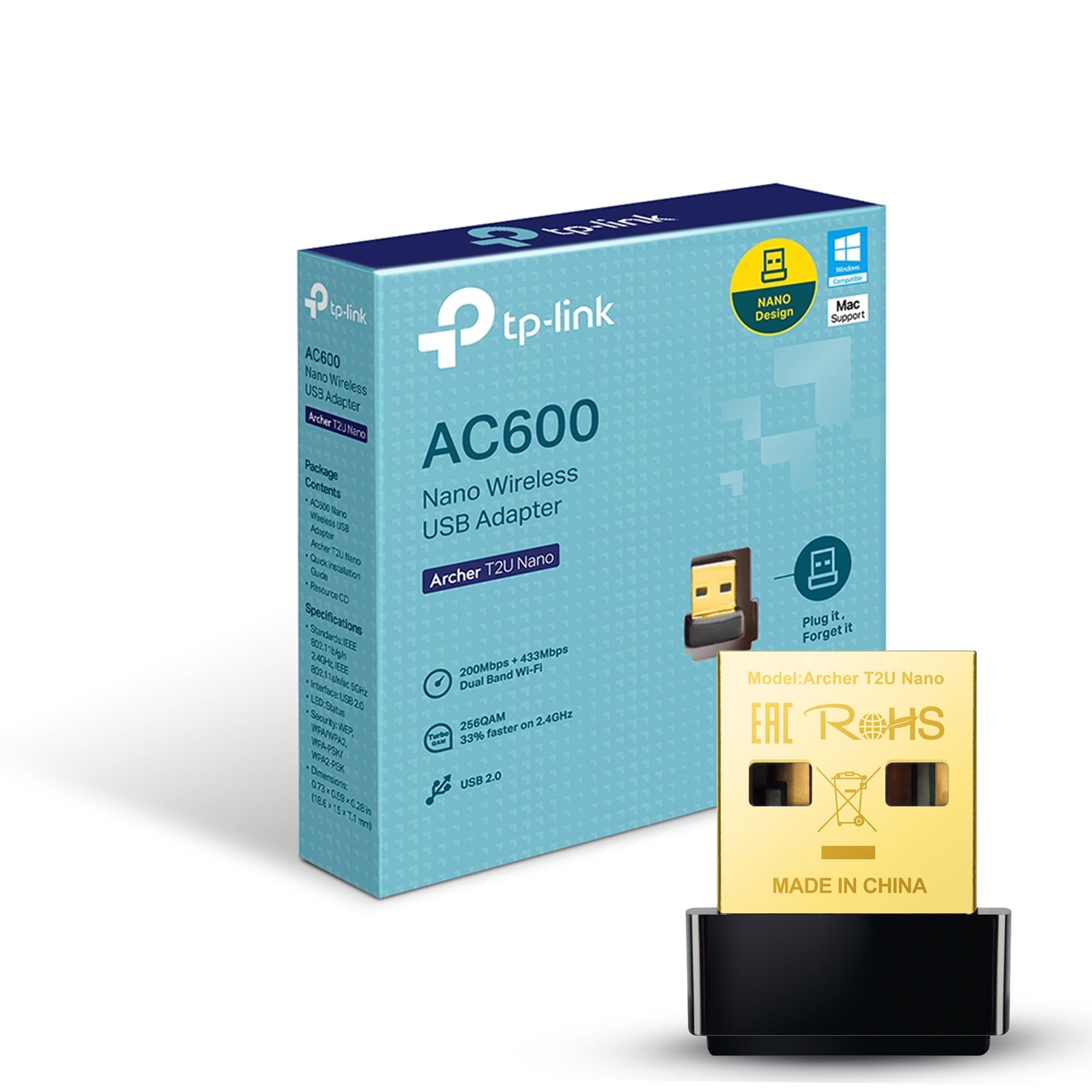 آداپتور WiFi USB TP-Link Nano AC600 (Archer T2U Nano) - دو باند بی‌سیم 2.4G/5G برای رایانه شخصی دسکتاپ، اندازه کوچک برای سفر، پشتیبانی از ویندوز ۱۱، ۱۰، ۸.۱، ۸، ۷، ایکس‌پی/مک او اس ایکس ۱۰.۹-۱۰.۱۴