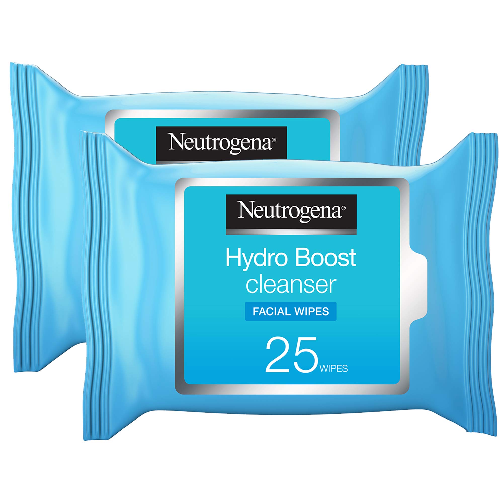 پاک کننده آرایش Neutrogena Hydro Boost، بسته ۲ عددی، ۲۵ دستمال، حاوی لوسیون تمیزکننده تازه، با اسید هیالورونیک، حذف کننده ماسکارای ضد آب، مناسب برای پوست حساس. دو بسته دستمال تمیز کننده.