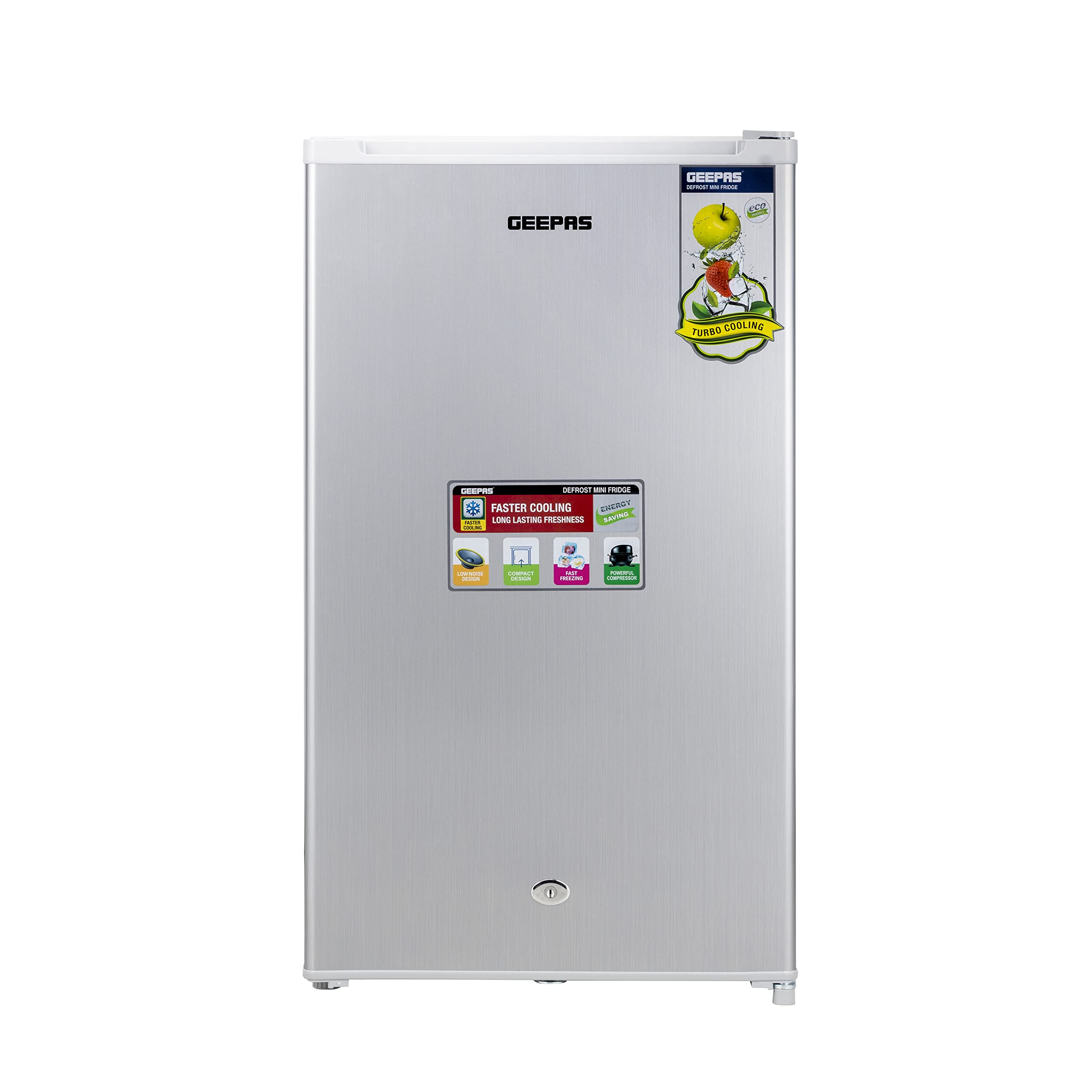 یخچال کوچک GEEPAS Defrost با لامپ، قفل و کلید، مدل GRF115SPEN - طراحی کم‌صدا، کومپرسور قدرتمند، صرفه جویی در انرژی، خنک‌شدن سریع‌تر، ترموستات قابل تنظیم، ظرفیت 110 لیتر| گارانتی 1 ساله