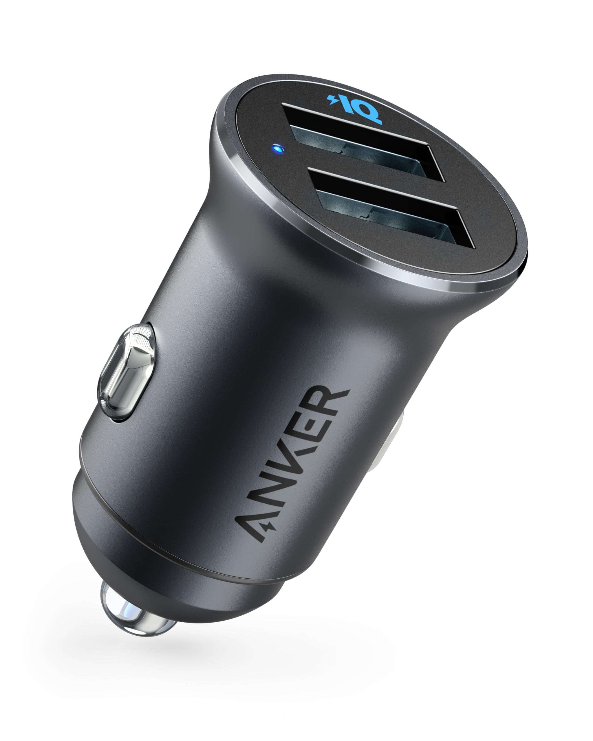 شارژر خودرو Anker، مینی 24 وات 4.8 آمپر دوپورت USB فلزی، آداپتور شارژر خودرو PowerDrive 2 Alloy با نور LED آبی، برای آیفون 16/15/14/13/12، سامسونگ، هوآوی، شیائومی، ردمی، ویوو، اپو و دیگر مدل‌ها - رنگ مشکی
