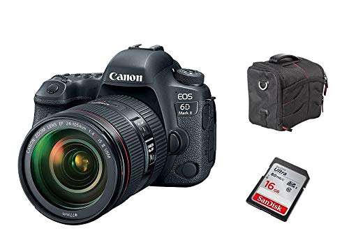 Canon EOS 6D Mark II با لنز 24-105 میلیمتر f/4L IS II USM کیت با تریپاد قدرتمند TR395، سیاه + کارت حافظه Sandisk SDHC16GB Ultra 80MB/S + کیت کیف حمل هوشمند