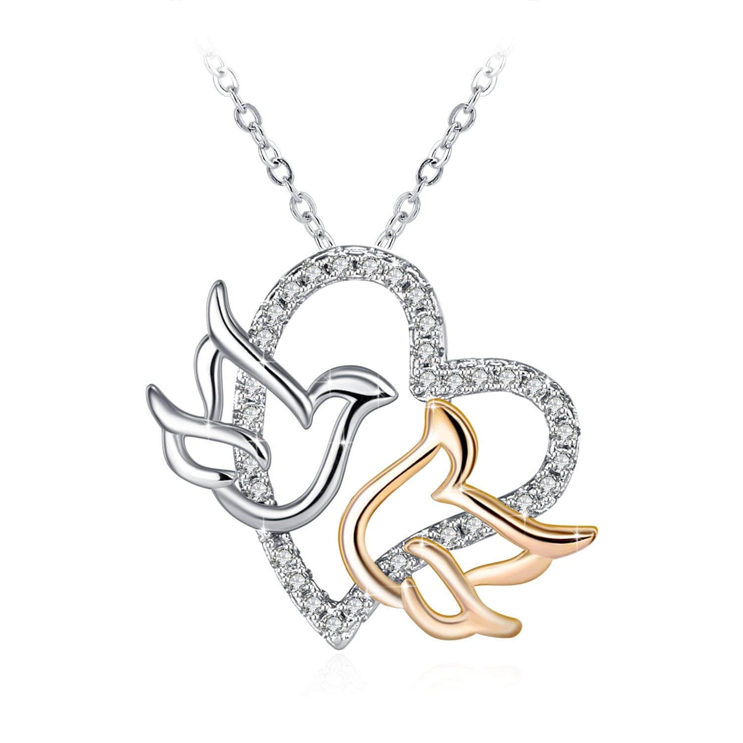 گردنبند نقره 925 از Swarovski Elements برای زنان، که به عنوان هدیه از برند JRosee Jewelry با طرح کبوتر در قلب استفاده شده است.