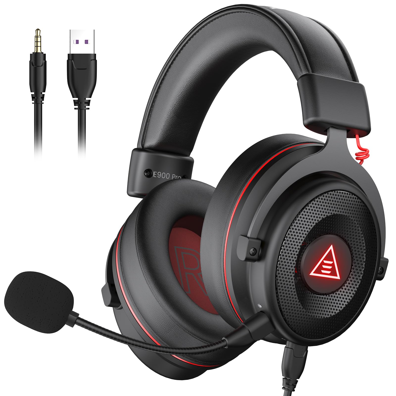 هدست بازی EKSA E900 USB - هدست گیمینگ با صدای فراگیر 7.1 برای Xbox One، هدست PS4/PS5 با قابلیت کاهش نویز و میکروفون و نور LED، سازگار با کامپیوتر، PS4، PS5، کنترلر Xbox One، نینتندو سوییچ - رنگ سیاه-قرمز