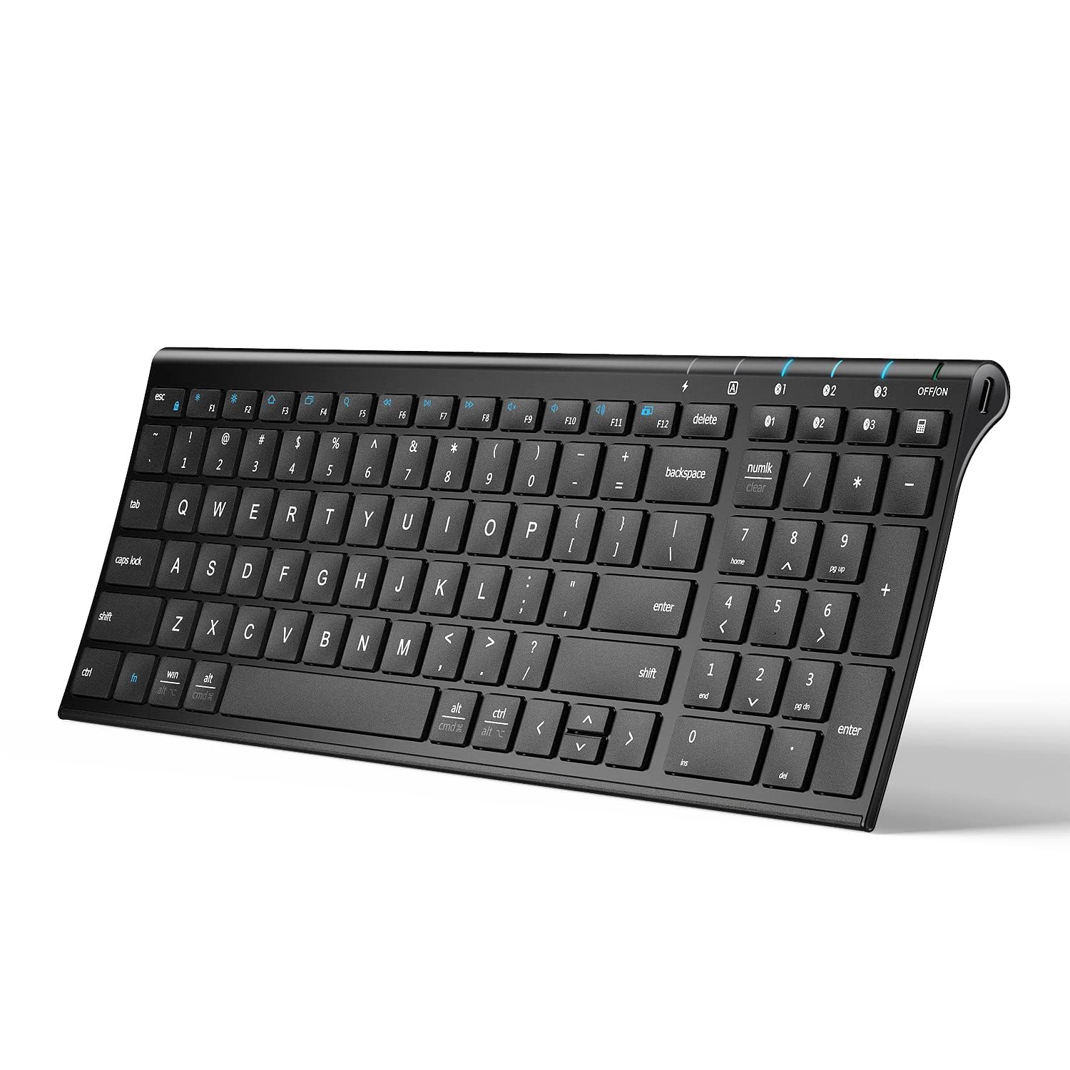 iClever BK10 کیبورد بلوتوث - بی سیم و قابل شارژ التراسلیم با پد عددی، طراحی ارگونومیک، اندازه کوچک، اتصال پایدار برای ویندوز، آی او اس، اندروید - مشکی
