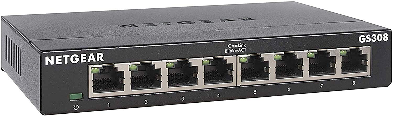 سوئیچ 8 پورت گیگابیت NETGEAR GS308، هاب، تقسیم‌کننده اینترنت، دسکتاپ، فلز محکم، بدون فن، پلاگ اند پلی 8 پورت