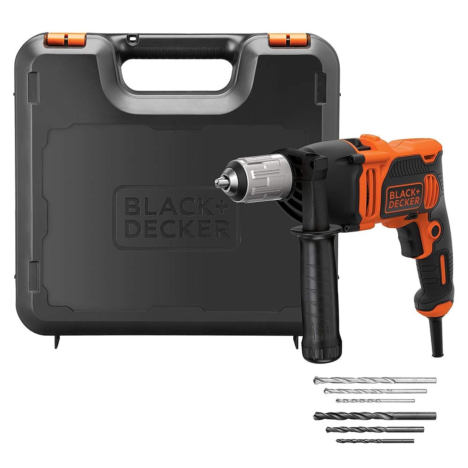 BLACK+DECKER 850W 3,100 دور در دقیقه دستگاه حفاری سیمی با عملکرد جلو/عقب به همراه 6 بیت حفاری در جعبه کیت برای حفاری فلز، چوب و سنگ، نارنجی/مشکی - BEH850K-GB،