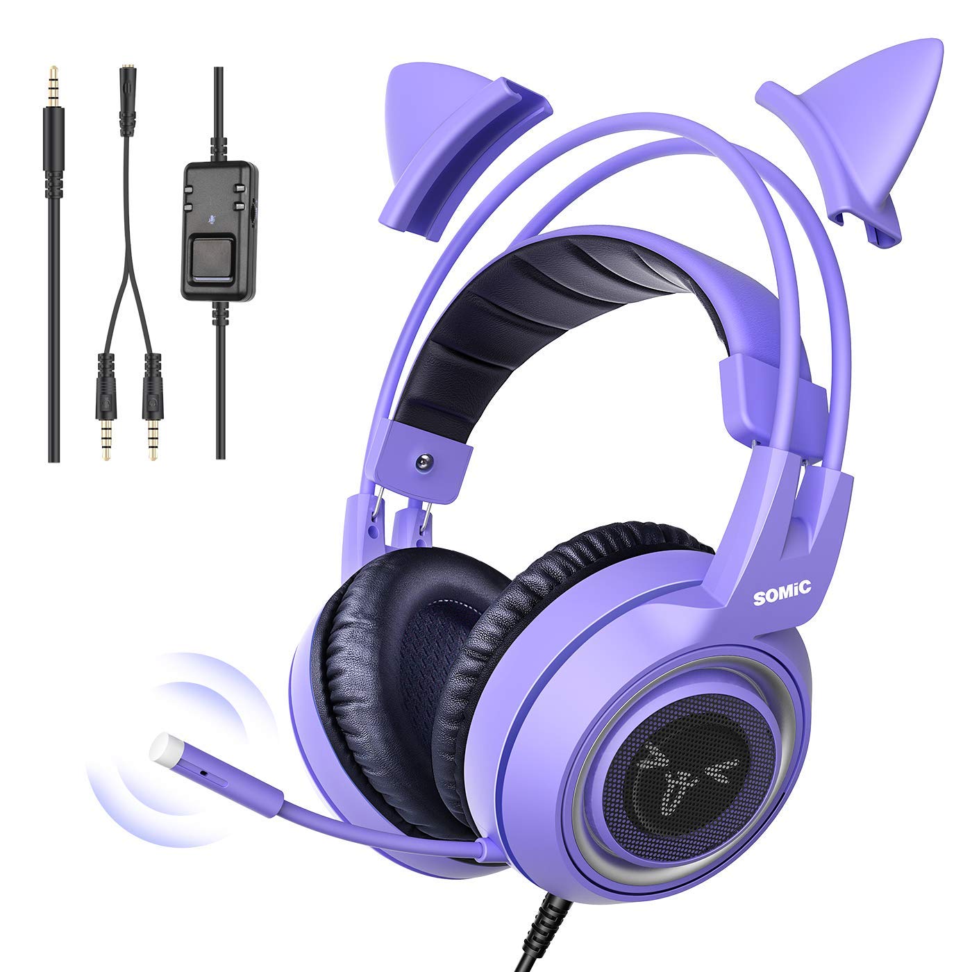 هدفون بازی استریو صورتی SOMIC G951s با میکروفون برای PS4، Xbox One، PC، گوشی همراه، صدای ۳.۵ میلی‌متری هدفون‌های گربه دار قابل جدا شدن سبک با تنظیم خودکار بر روی گوش (رنگ بنفش)