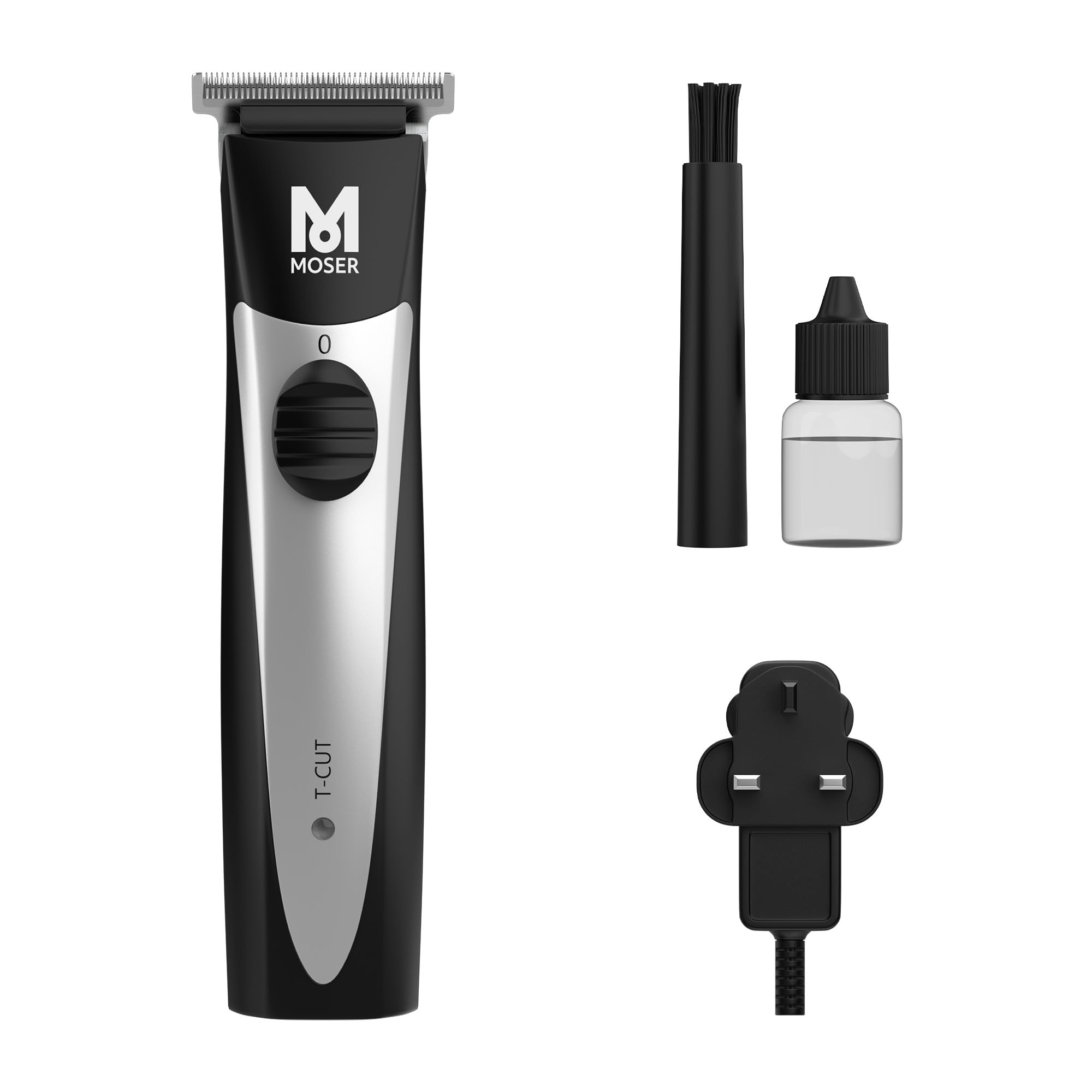 Moser T-Cut تریمر حرفه ای بی‌سیم برای مردان با تیغه 40 میلیمتری (ساخت آلمان) | زمان کارکرد 60 دقیقه | تیغه‌های از جنس فولاد با کیفیت بالا | عملکرد سبک و ساکت (1591-0170)