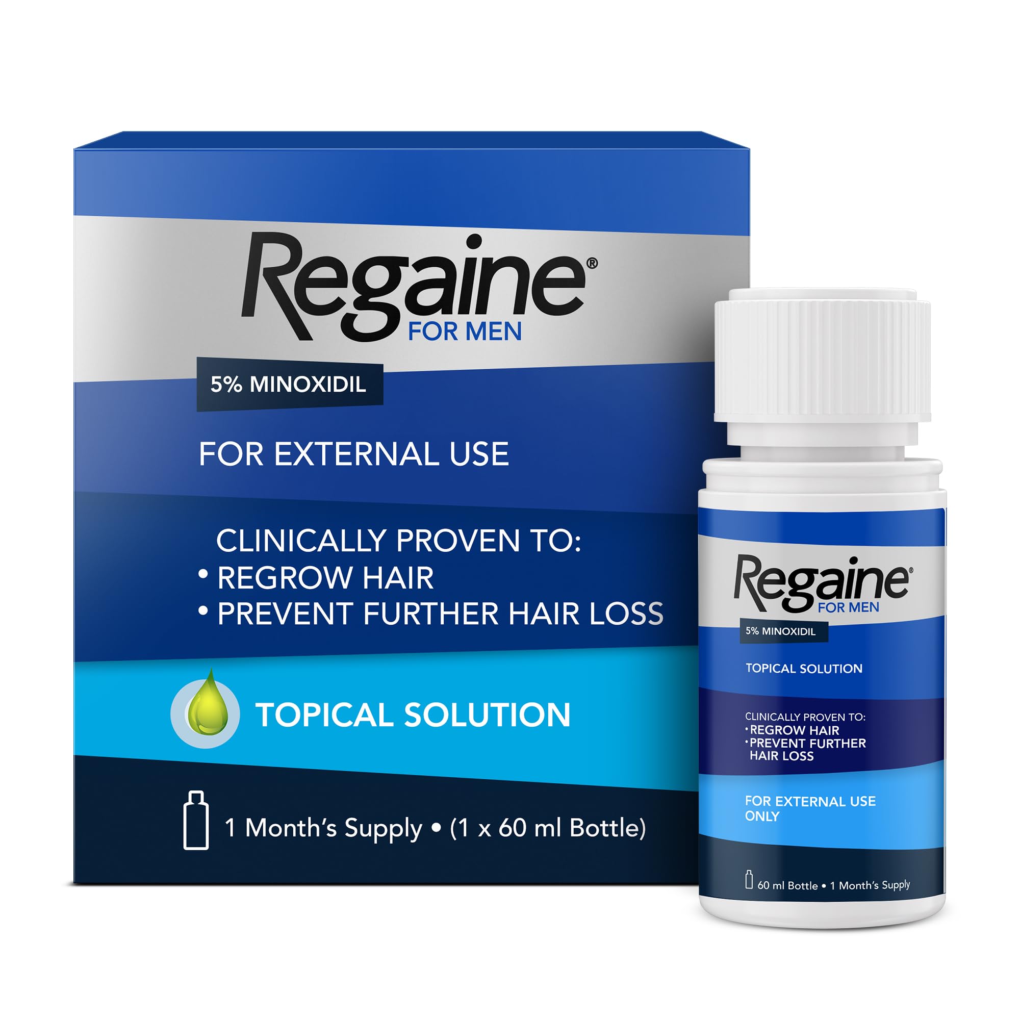 محلول بالای Regaine 5٪ مینوکسیدیل برای مردان، با اثبات بالینی برای تحریک رشد مو، حجم ۶۰ میلی لیتر
