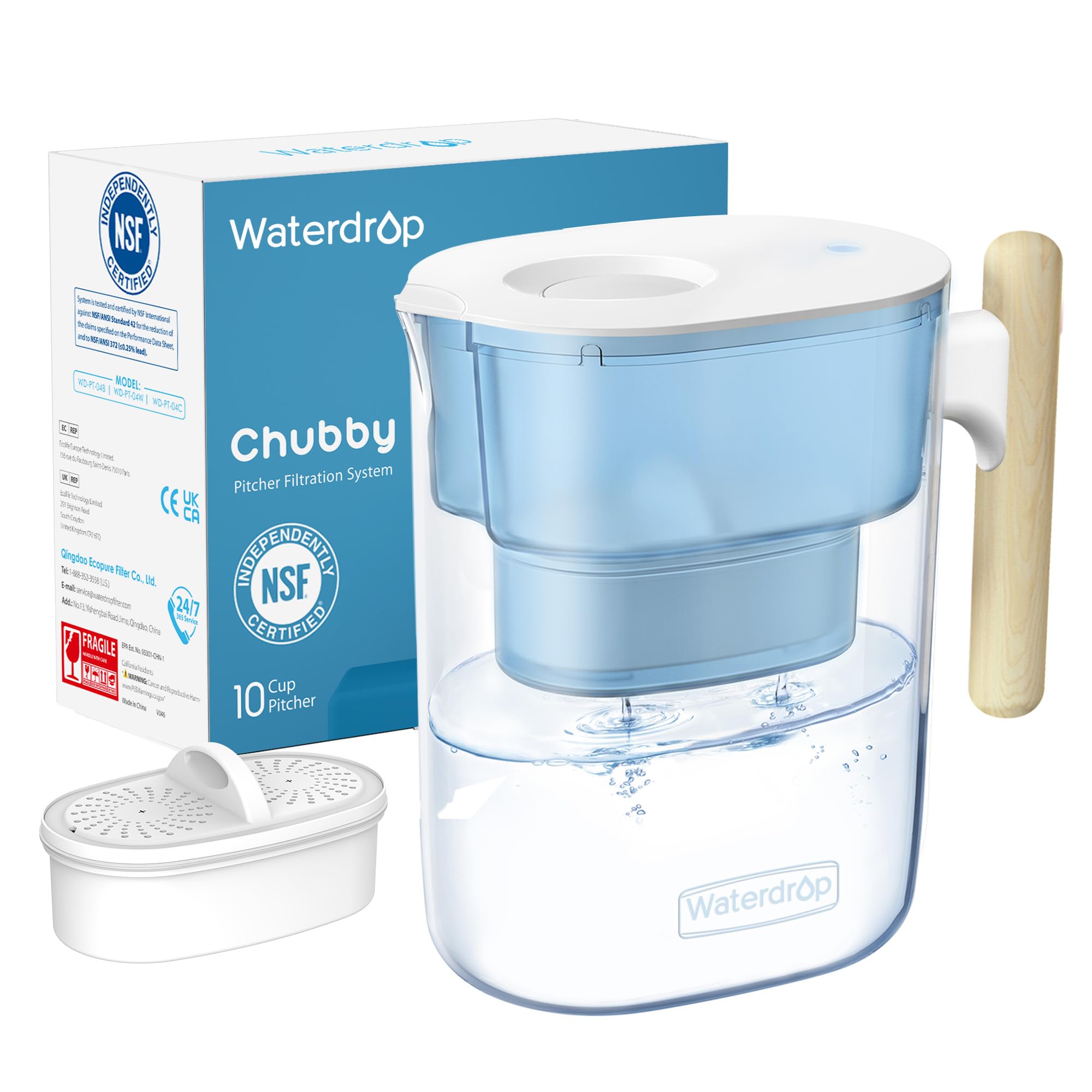 فیلتر آب Waterdrop Chubby با ظرفیت 10 پیاله و 1 فیلتر، ماندگار (200 گالن)، دفعات فیلتراسیون 5 برابر عمر، کاهش سرب، فلوراید، کلر و موارد دیگر، خالی از BPA، رنگ آبی