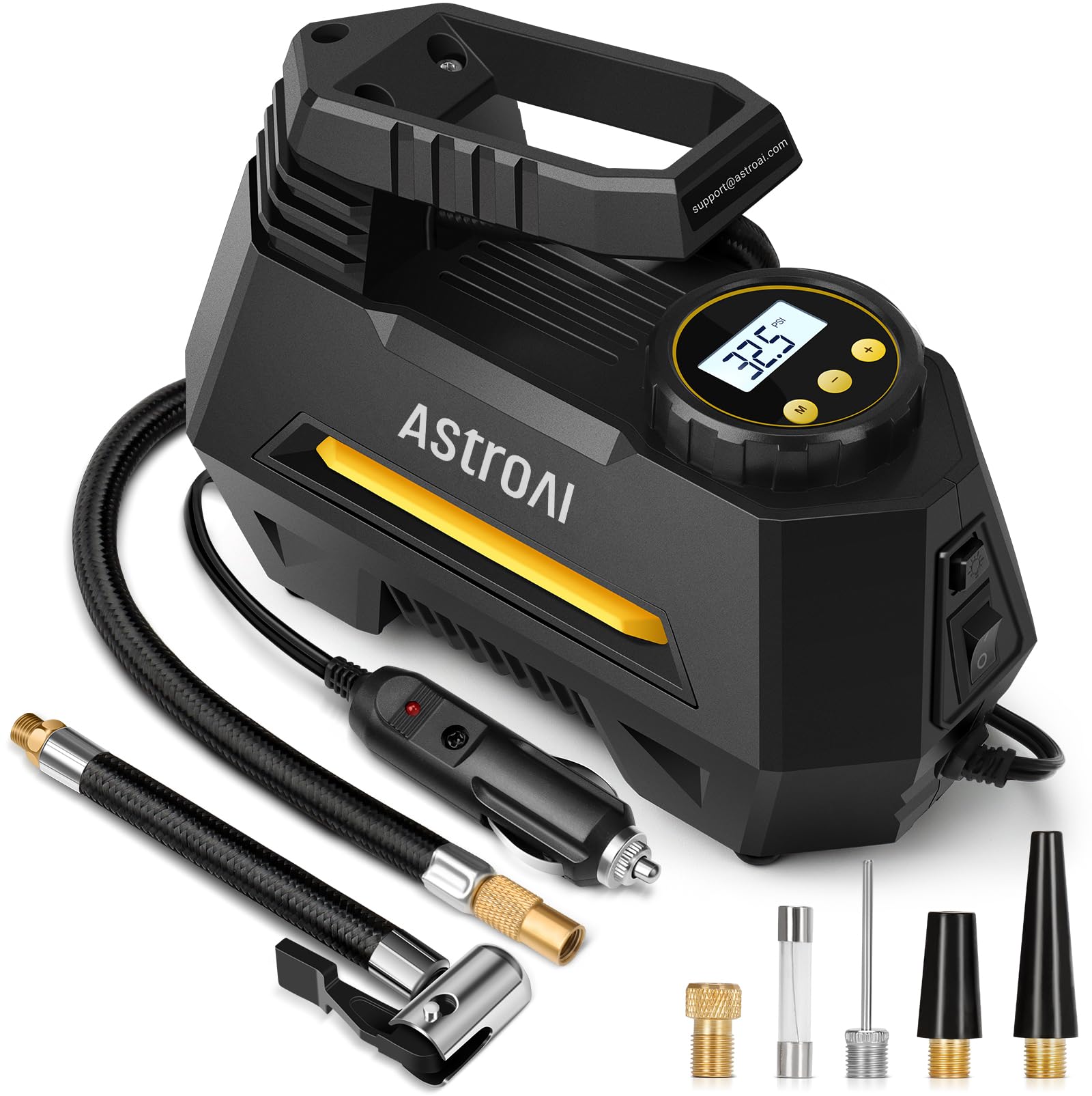 پمپ تایر الکتریکی قابل حمل AstroAI 12 ولت با منبع هوای خودرو، دارای فشارسنج تایر، دستگاه پمپ هوای خودرو با واحدهای والو و چراغ LED، لوازم جانبی اتومبیل، زرد