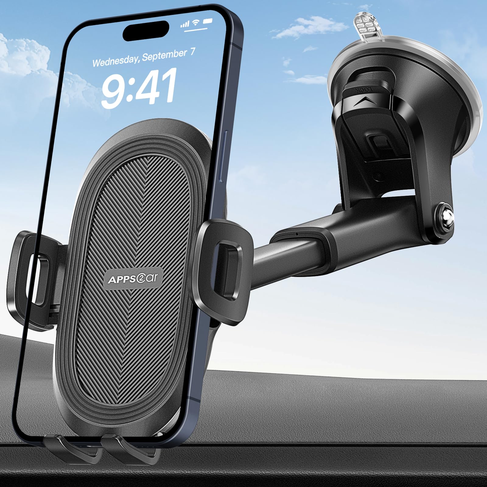 پایه موبایل ماشین APPS2Car، نگهدارنده موبایل خودرو، قابلیت چرخش ۳۶۰ درجه، سازگار با صفحه نمایش خودرو و شیشه، مناسب برای آیفون سری ۱۵/۱۴/۱۳، سامسونگ و دیگر مدل‌ها، رنگ مشکی