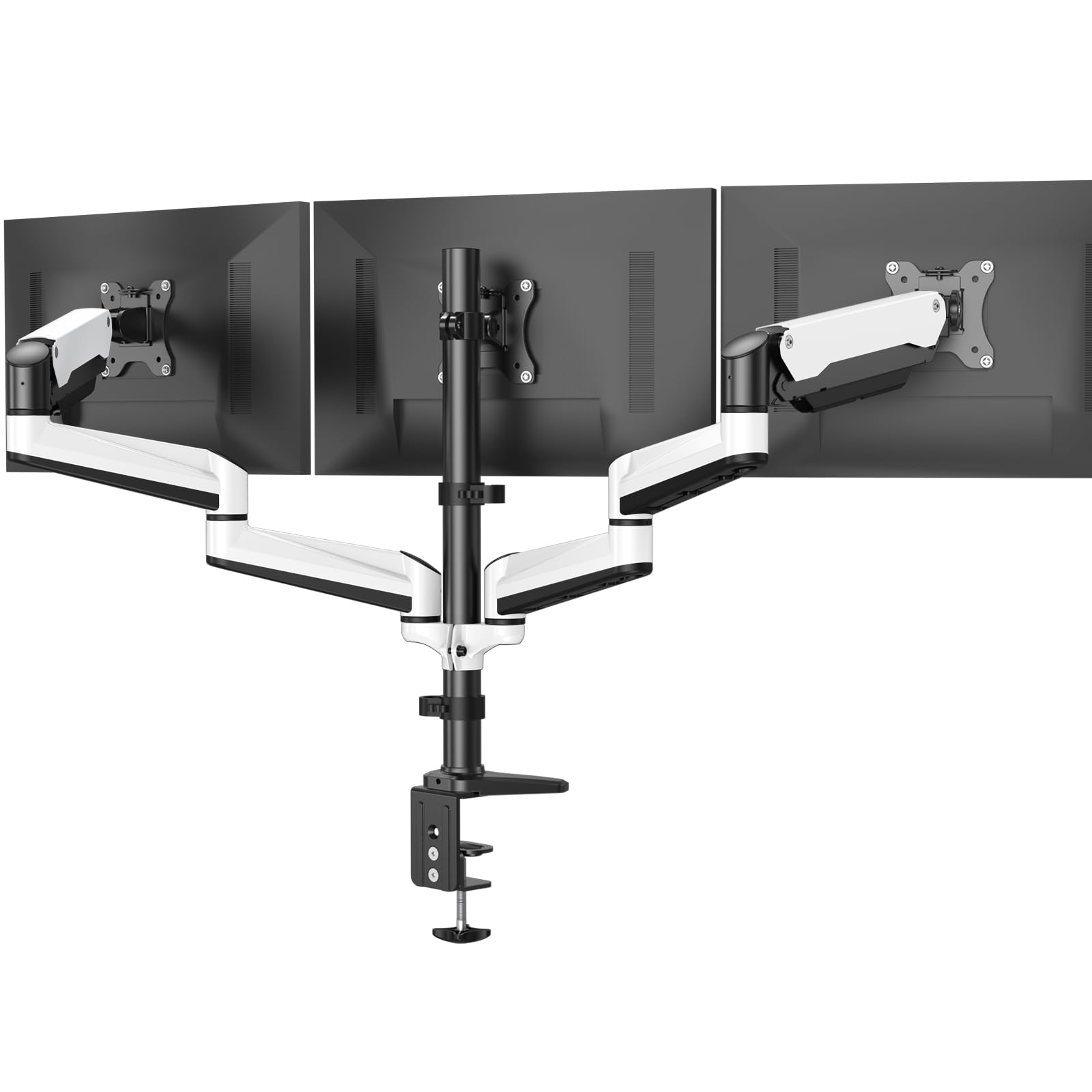 پایه سه نمایشگر HUANUO - نصب حرکتی کامل با فنر گازی مناسب برای سه صفحه نمایش کامپیوتری LCD 17 تا 32 اینچی با گیره، کیت گرومت سفید