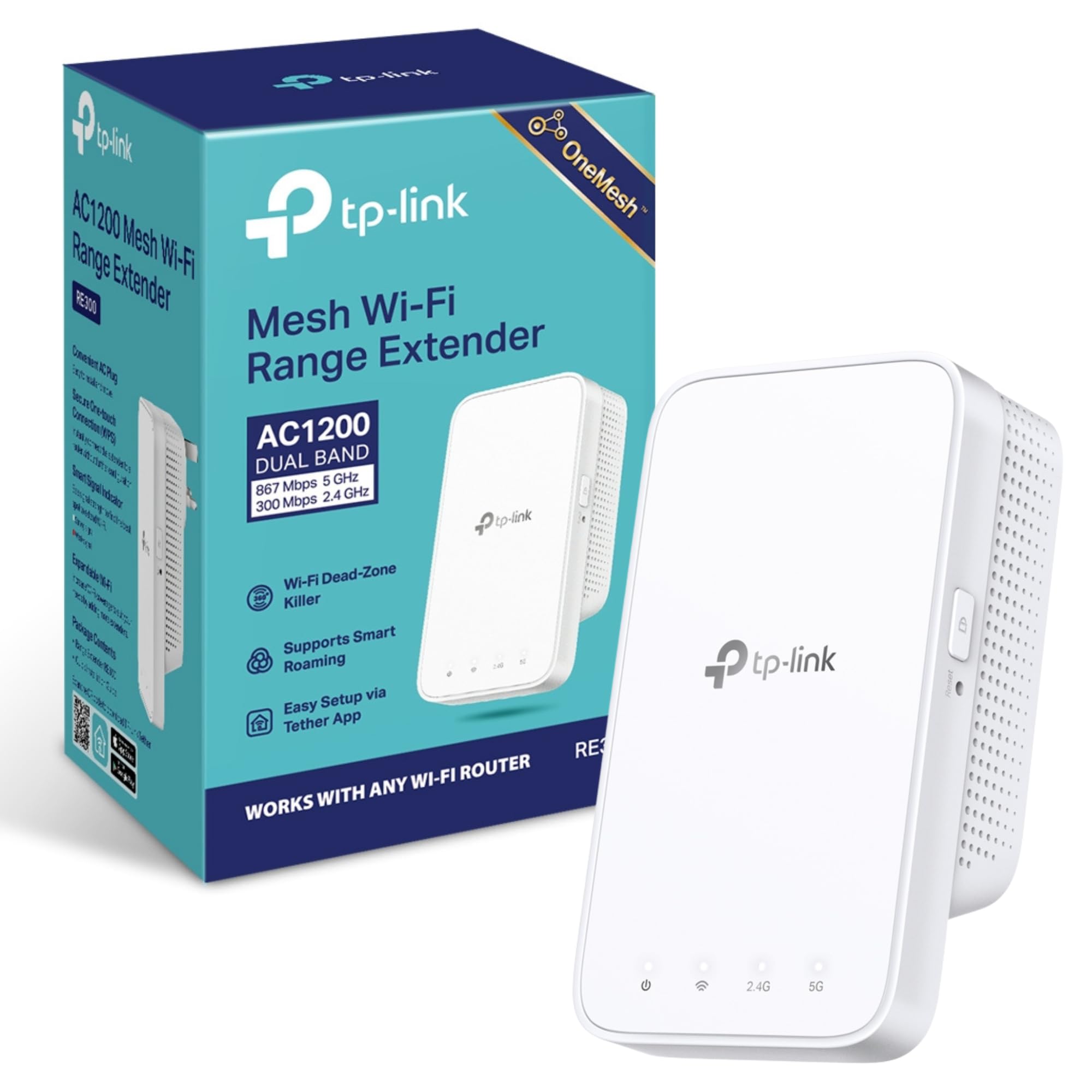 Tplink Onemesh Ac1200 Mesh Wi-Fi Range Extender Re300 WiFi Booster, 1200Mbps, Gigabit Port