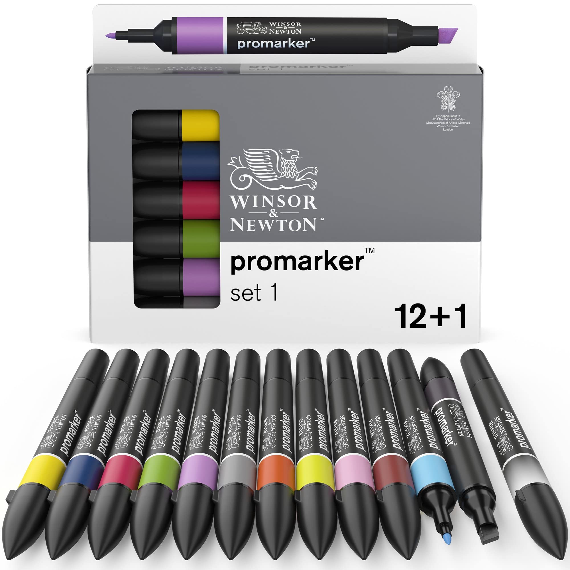 مداد‌های دو سر Winsor & Newton، Promarker، رنگ‌های ضروری I، مجموعه ۱۲+۱ بلندر، مداد‌های الکلی دو سر رنگی متنوع مجموعه ۱۲