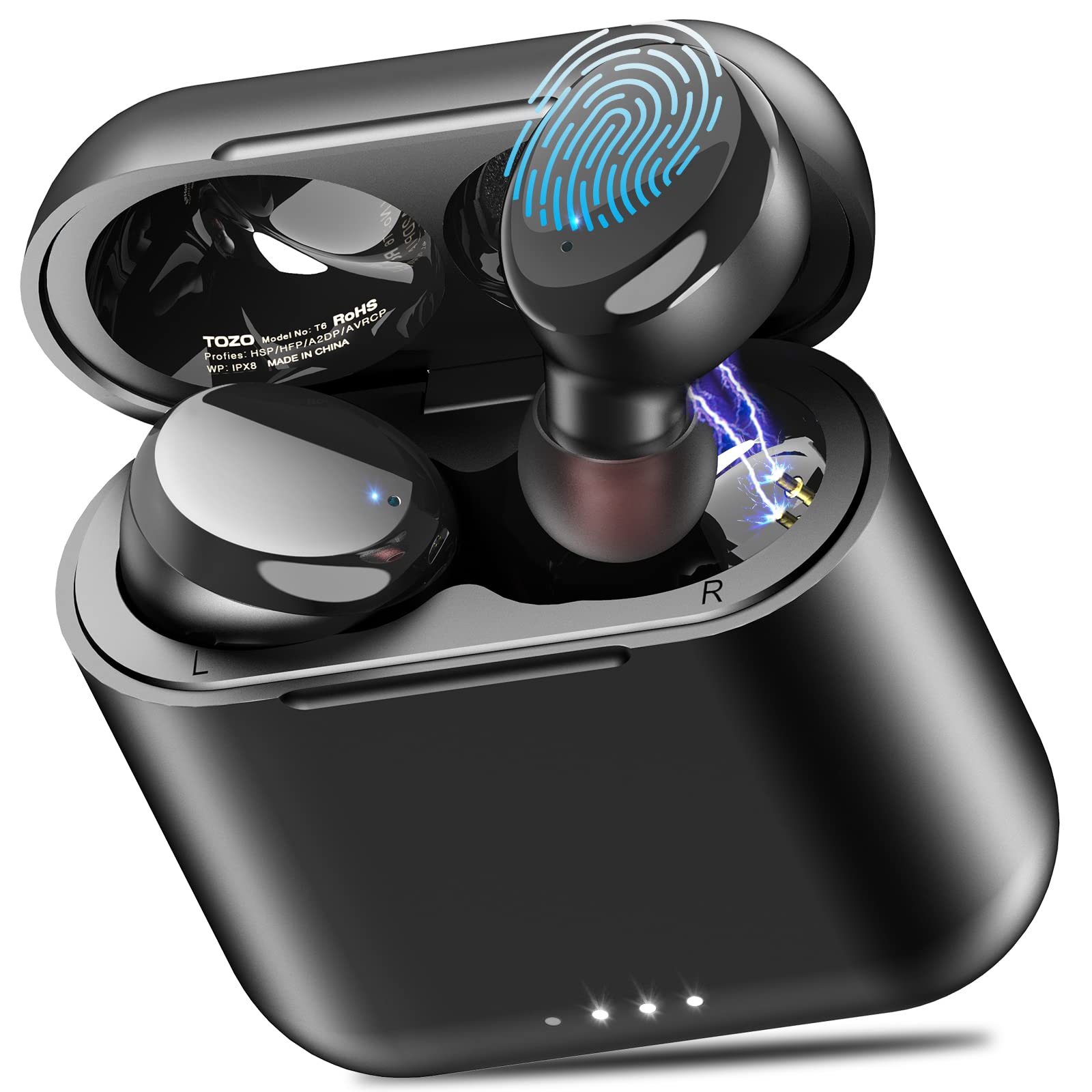 گوشی‌های بی‌سیم True Wireless TOZO T6 Bluetooth 5.3 با کنترل لمسی و کیس شارژ بی‌سیم ضدآب IPX8، هدفون‌های استریو ضدآب درون گوشی با میکروفون داخلی و بیس عمیق و پریمیوم، سیاه رنگ، سایز کوچک
