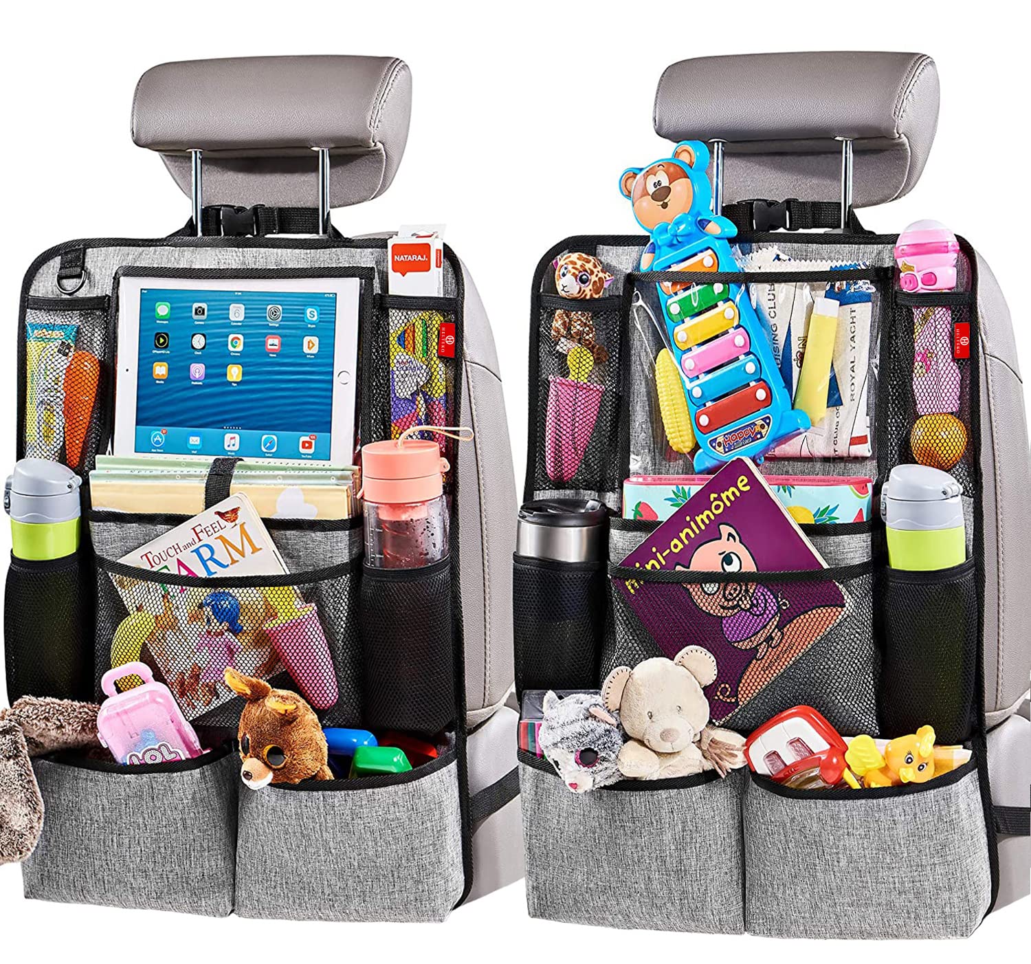 سازماندهی کننده حمل‌ونقل H Backseat Car Organizer، محافظت کننده پشت صندلی عقب با قالب قرار دادن تبلت صفحه لمسی، سازماندهی کننده پشت صندلی خودرو برای کودکان، لوازم جانبی سفر خودرو، فرش ضربه‌زن با 9 جیب ذخیره‌سازی - 2 بسته خاکستری