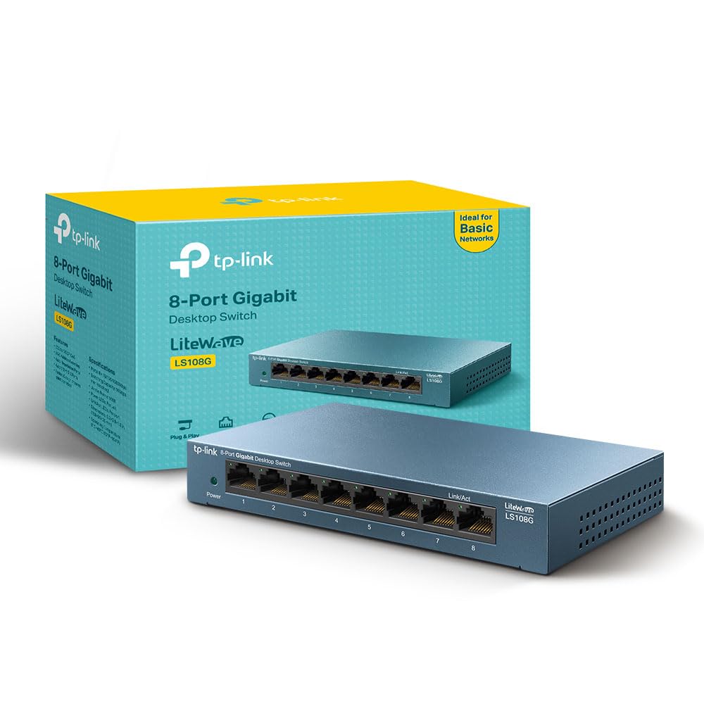 سوییچ شبکه 8 پورت گیگابیت TP-Link، تقسیم‌کننده سوییچ اترنت، عملکرد بی‌صدا بدون مشکل، صرفه‌جویی در انرژی، قاب فلزی، قابل نصب رومیزی یا دیواری (LS108G)