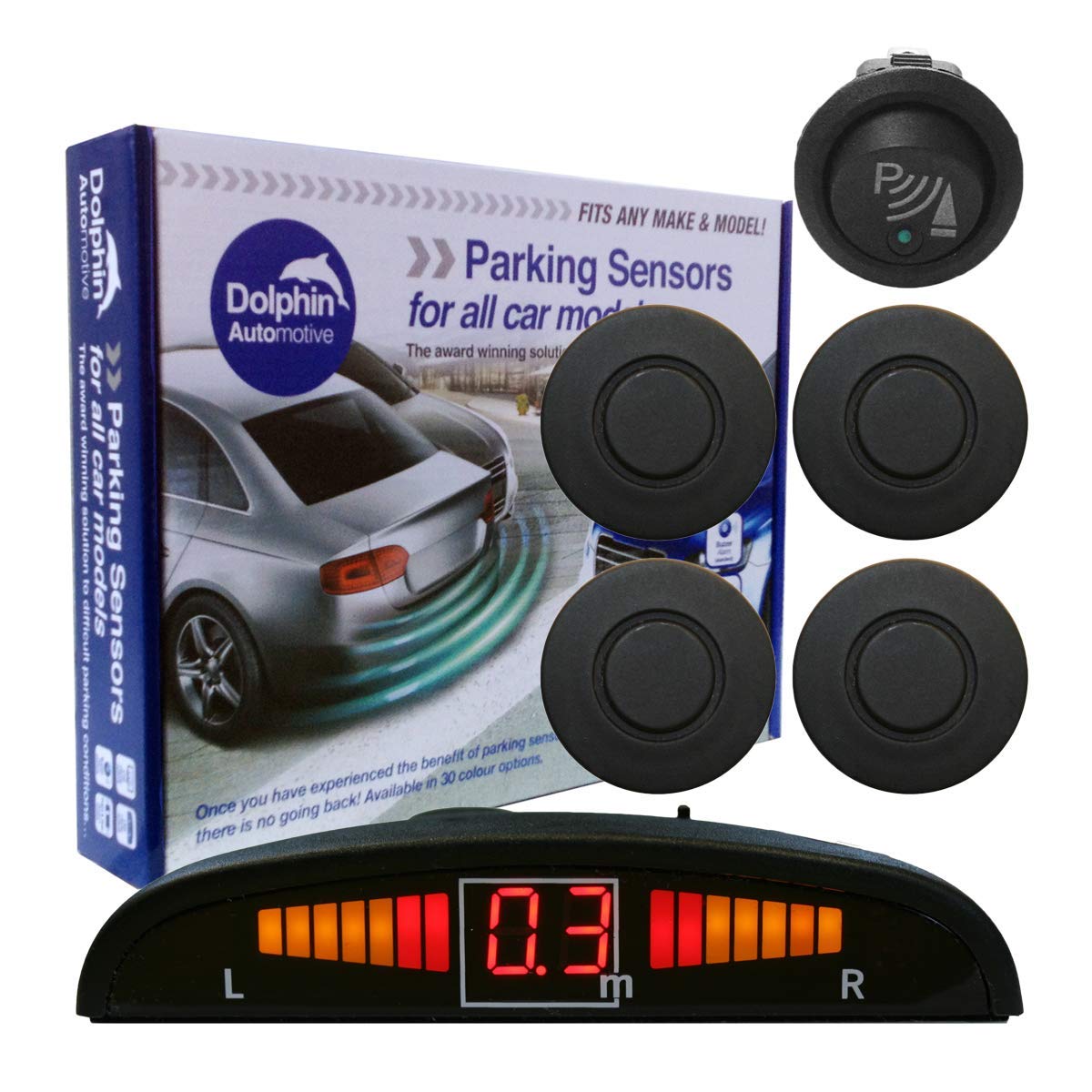 سنسورهای پارکینگ جلو Dolphin Automotive DPS450F با 32 رنگ مختلف، 4 سنسور رادار التراسونیک، سیستم هشدار صوتی و نمایشی، رنگ‌های مات و درخشان سیاه همراه با 30 رنگ دیگر (مات سیاه)