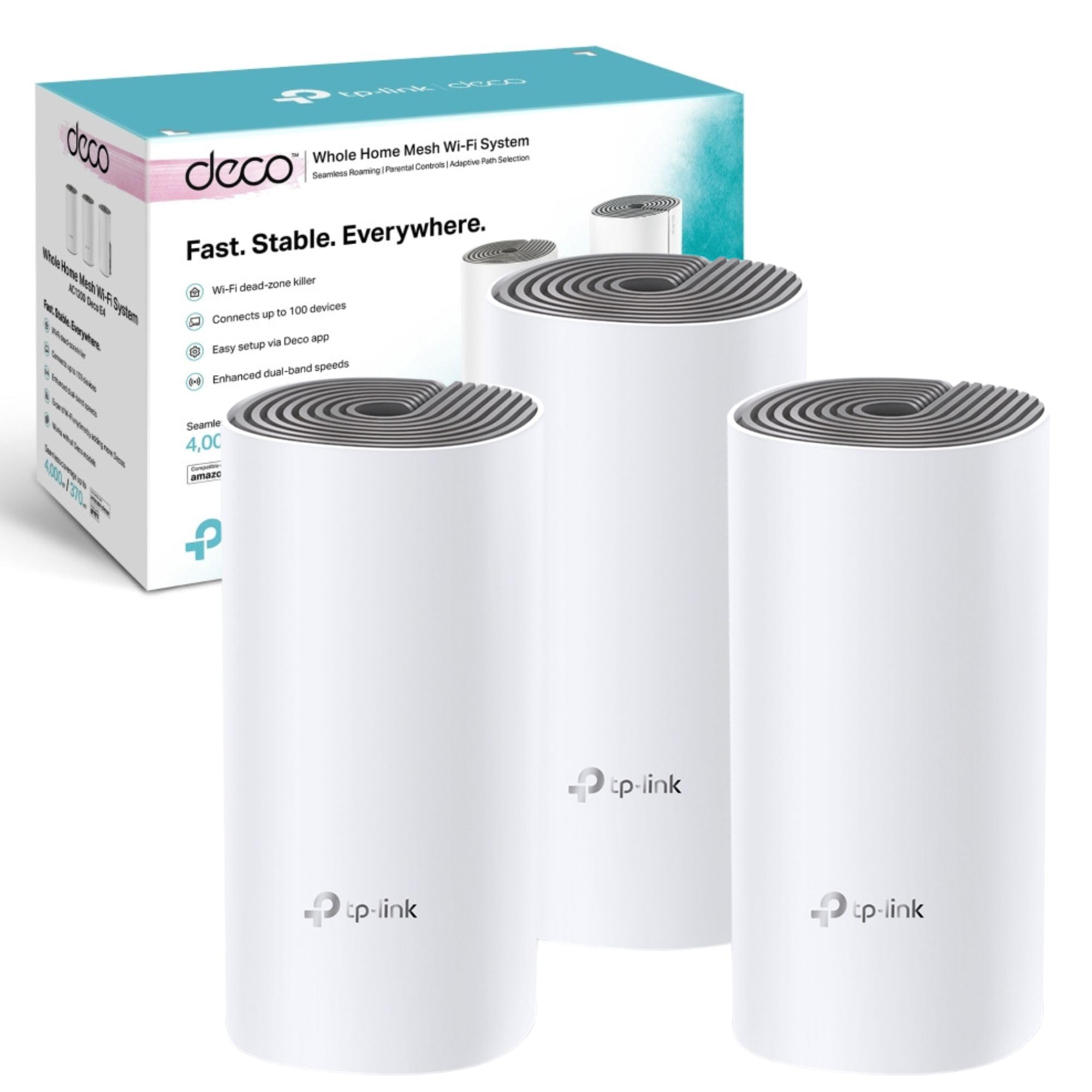 سیستم وای فای مش تمام خانه TP-Link Deco E4، بی درز و سریع (AC1200)، 2 پورت اترنت 100 مگابیت بر ثانیه، کار با آمازون اکو/آلکسا، جایگزین روتر و بوستر وای فای، کنترل والدین، بسته 3 عددی AC1200