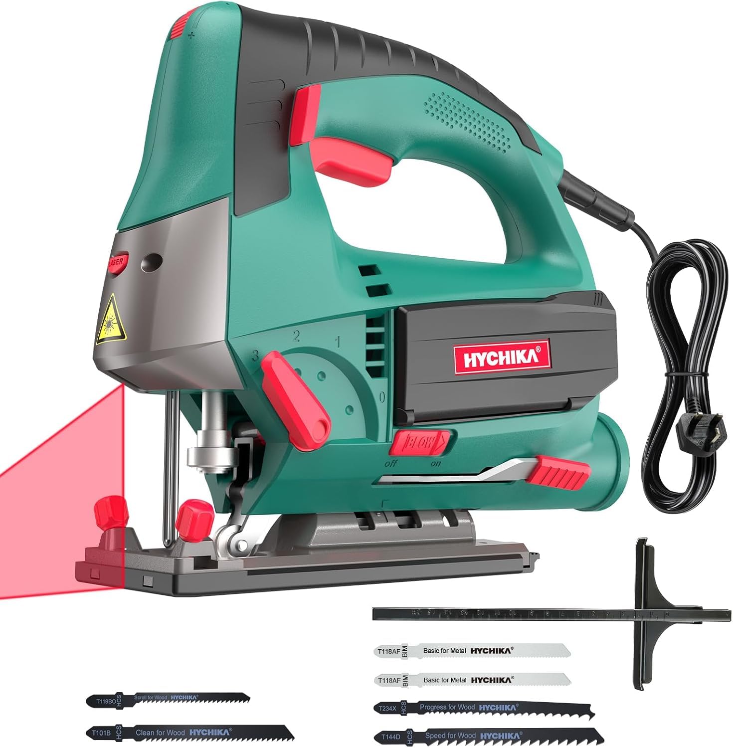 چرخهای Jig HYCHIKA، 800 وات برای عمق برش حداکثر 110 میلیمتر برای فلز، جیگ‌سو با سرعت 800-3000 SPM الکتریکی با لیزر کلاس 2، 6 سرعت متغیر، 0-3 تنظیم اوربیتال، برش گوشه‌ای از -45° تا +45°، 6 تیغه