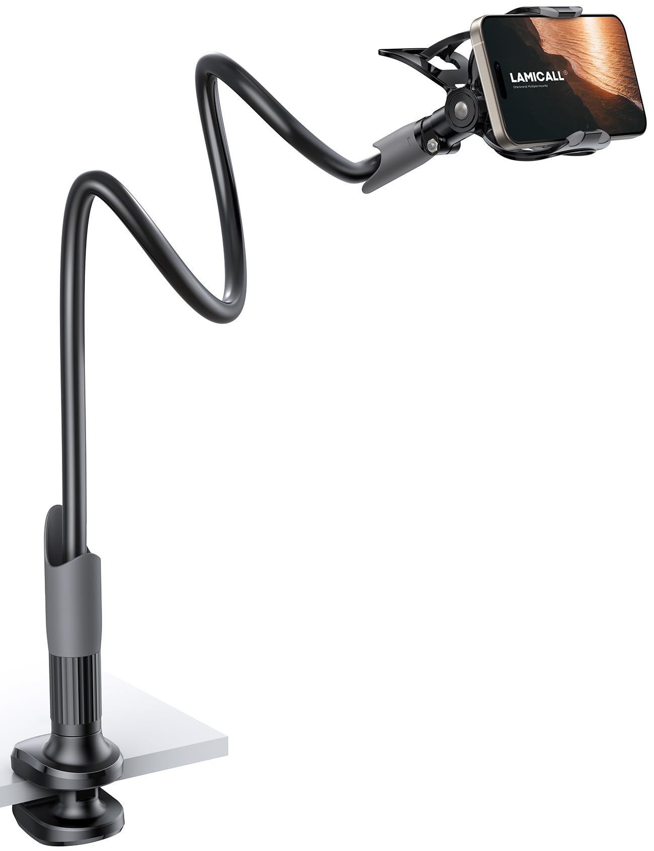 ساپورت گوشی Lamicall Gooseneck برای تخت - نگهدارنده گوشی همراه نگهدارنده کلیپ کلمپ، بازوی بلند انعطاف پذیر، نگهداری بالای سر برای میز سرتاسر تختخواب، برای آیفون ۱۶ پرو مکس، ۱۵ پرو مکس، ۱۴ پلاس، ۱۳ مینی و گوشی ۴-۷ اینچی مشکی