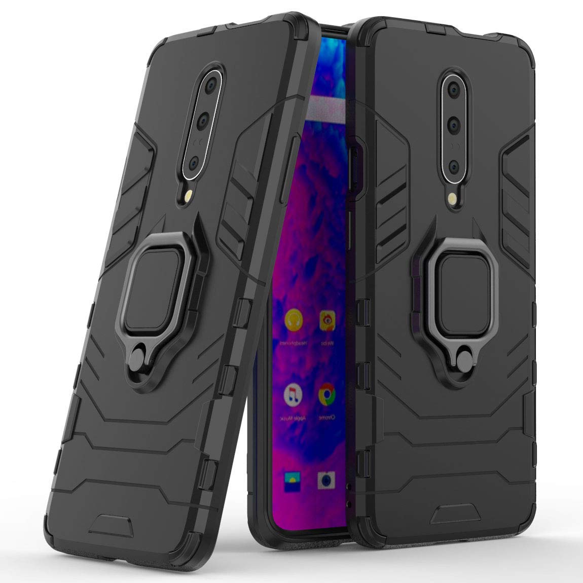 سازگار با 1+7 Pro، 1+7T Pro، محافظ متالی با حلقه گردان و پایه، مقاوم در برابر شوک، محافظ سخت دو لایه (توانایی استفاده با نگهدارنده مغناطیسی خودرو) - کاور محکم برای OnePlus 7 Pro و OnePlus 7T Pro (مشکی)
