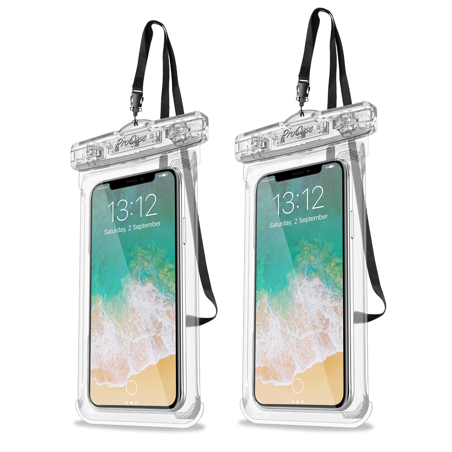 کیس ضدآب ProCase Dry Bag برای آیفون 16 15 14 13 Pro Max Mini 12 11 Pro Max XR XS X 8 7 6S Plus، گلکسی S23 S22 S21 نوت پیکسل تا 7 اینچ، محصولات ضروری کروز - 2 بسته، شفاف