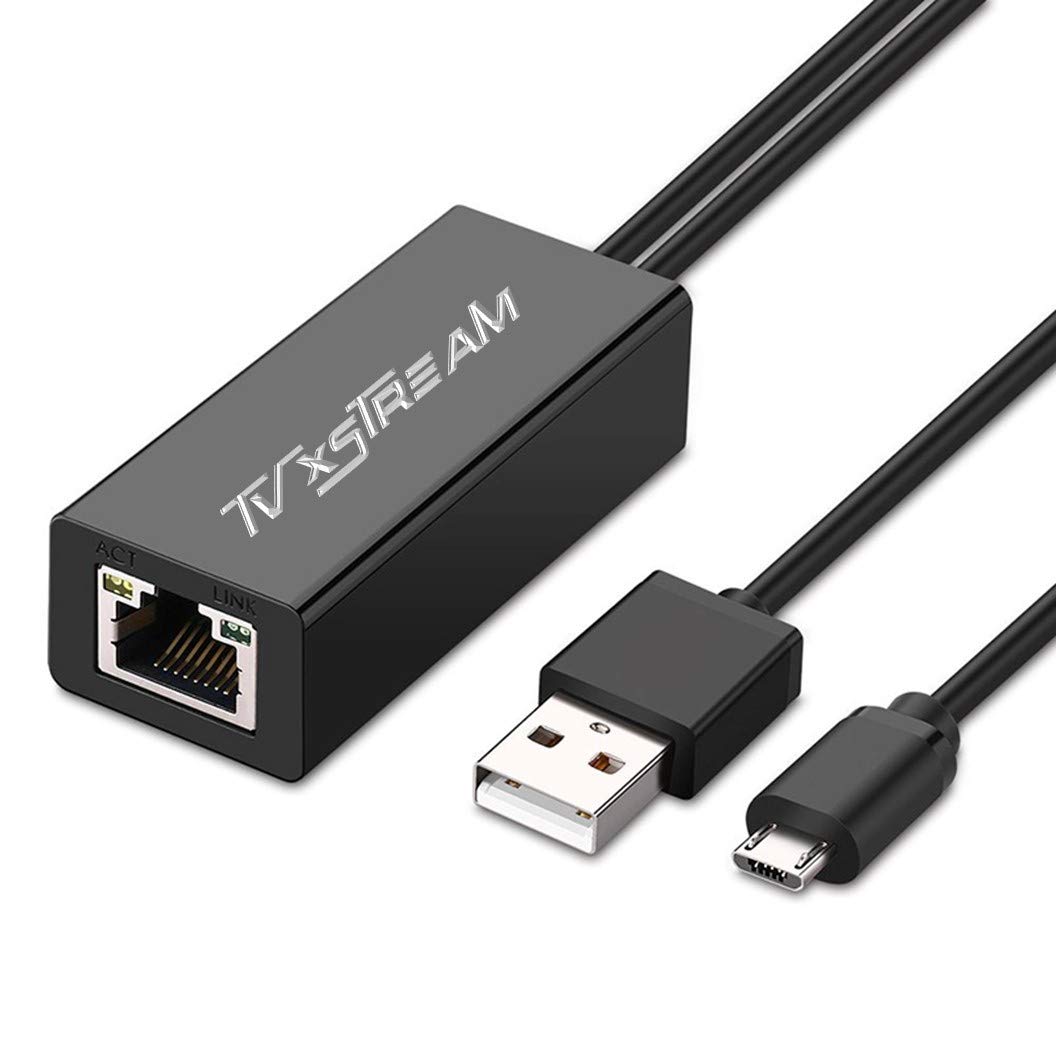 مبدل اترنت USB (سیاه) برای Firesticks (نسخه‌های 2 و 4K) Chromecast با میکرو وصل شدن نه از نوع C، مبدل اترنت USB به RJ45 کابل تامین انرژی USB، سرعت تا 100 مگابیت بر ثانیه.