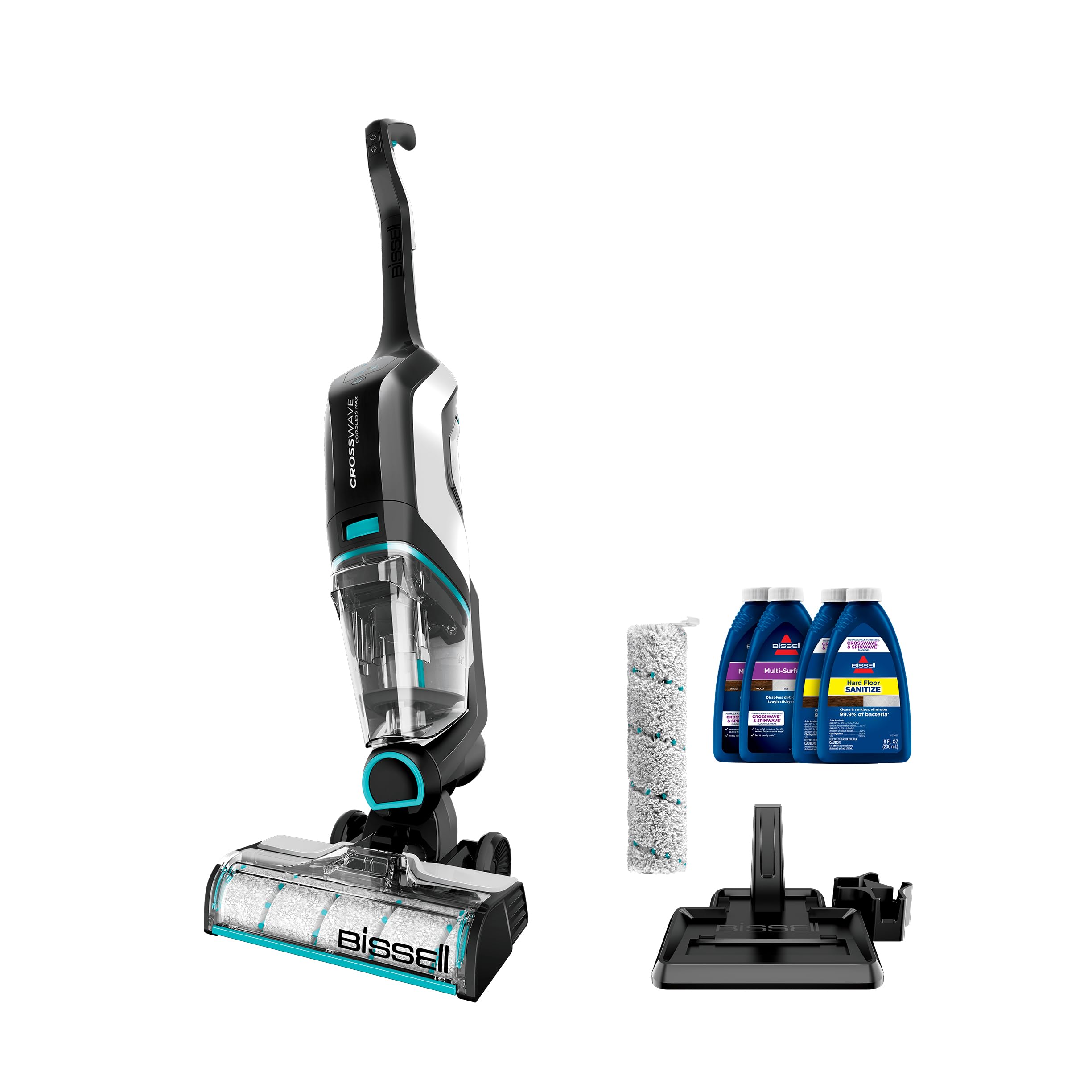 واکوئم و مپ گردونه‌ی خشک و تر همه‌کاره BISSELL، 2554A CrossWave Cordless Max برای کف‌های سخت و فرش، مشکی/سفید مرواریدی با جزییات آبی الکتریکی