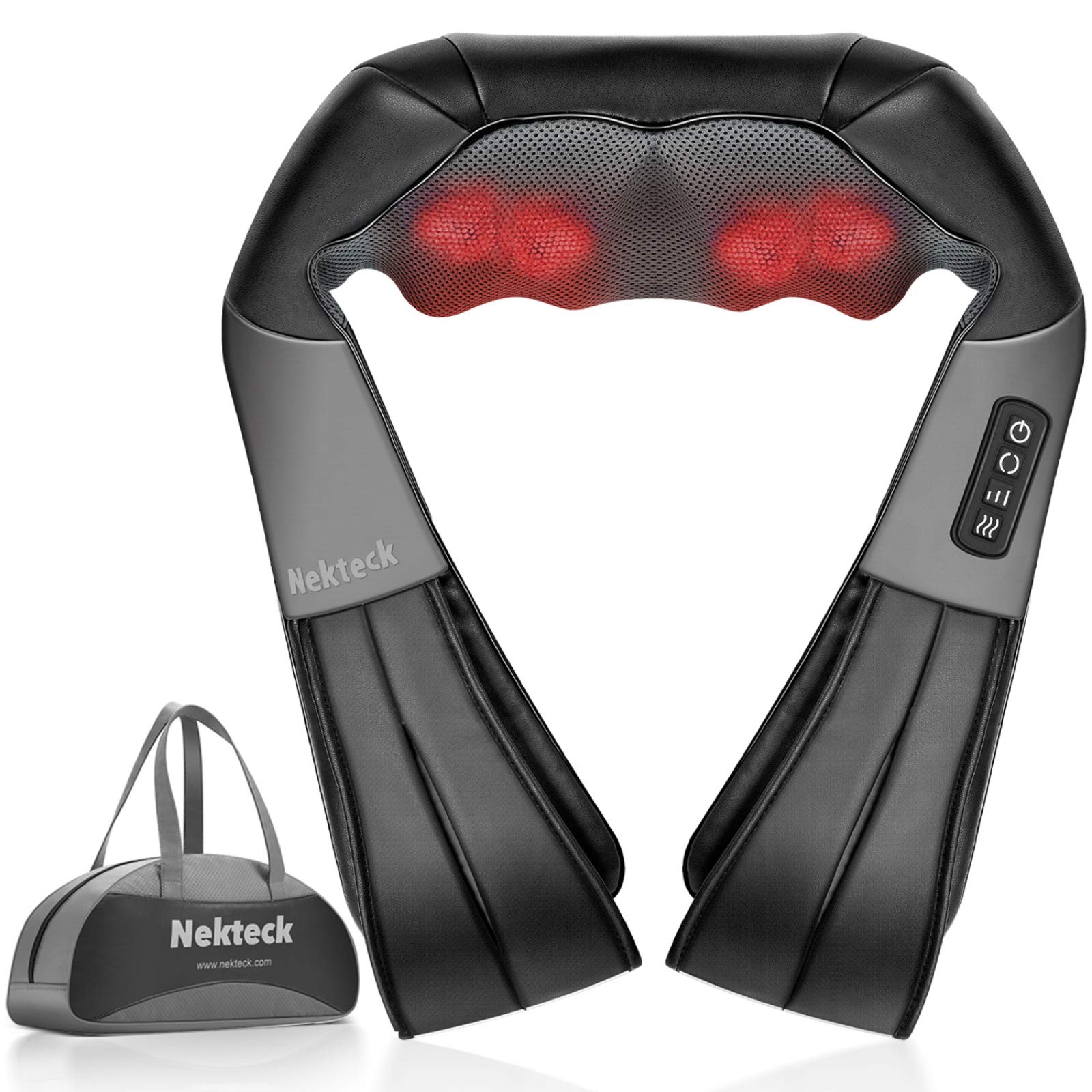 ماساژور گردن و پشت Nekteck Shiatsu با حرارت آرامبخش، ماساژ عمیق بافت 3D الکتریکی برای سرشانه، پا، عضلات بدن برای تسکین درد، استفاده در خانه، دفتر کار و ماشین، شامل کیسه حمل 2 عدد (بسته 1 عدد)