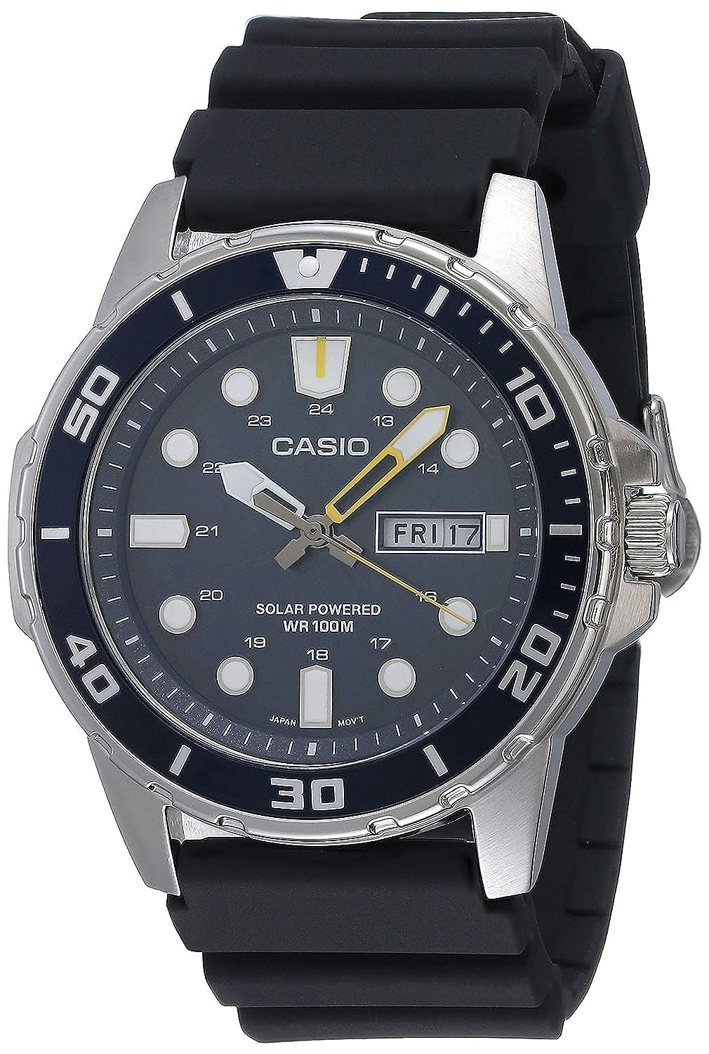 مدل Casio MTPS110 | ساعت آنالوگ یونیسکس | ضد آب تا ۱۰۰ متر | قاب از فولاد ضد زنگ | نشانگر سه سوئی (ساعت، دقیقه، ثانیه) | نمایش تاریخ | هشدار کمبود باتری | طراحی الهام گرفته از غواصی | با منبع تغذیه از نور خورشید مدل MTP-S110-2AVCF سیاه