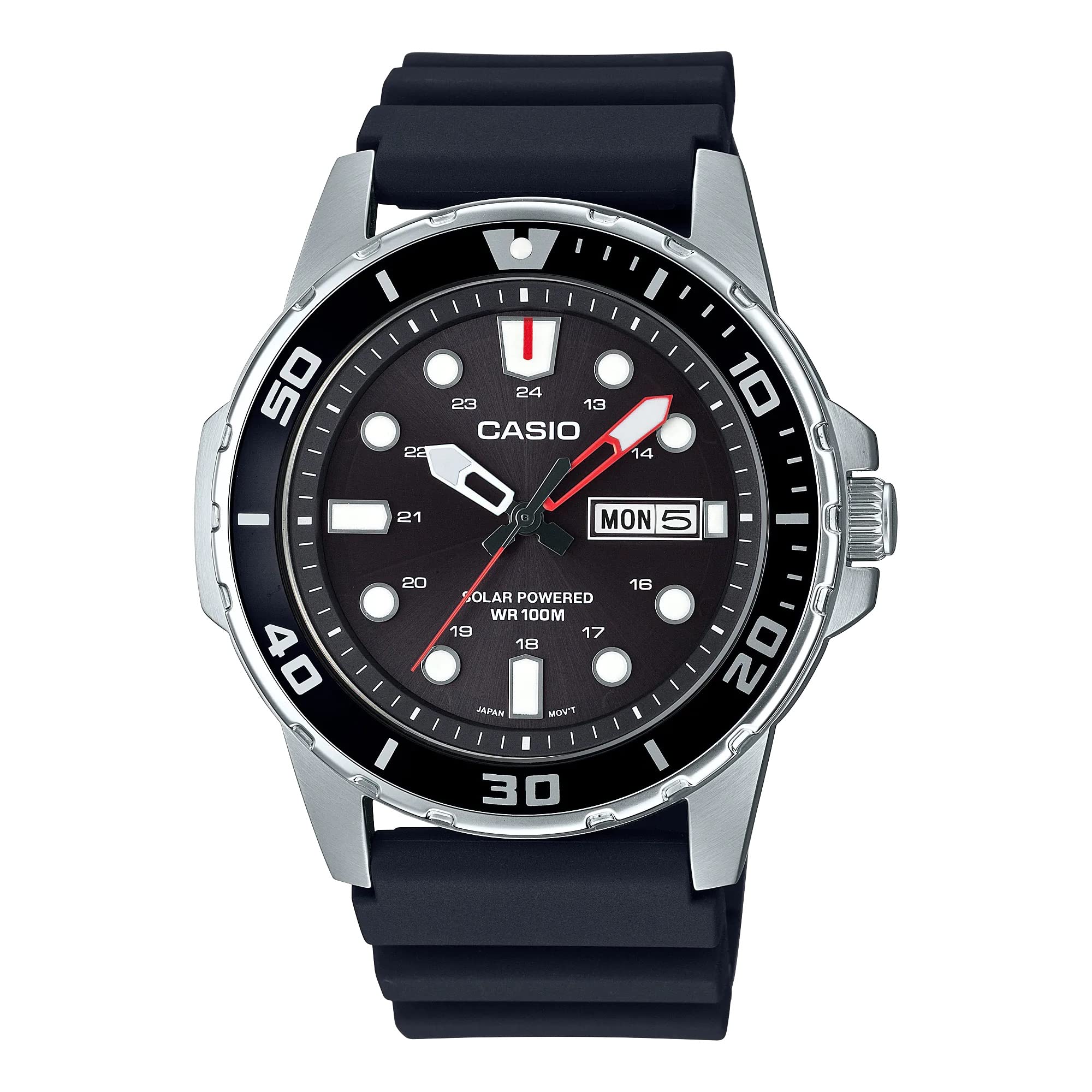 مدل Casio MTPS110 | ساعت آنالوگ یونی‌سکس | مقاومت در برابر آب تا ۱۰۰ متر | قاب از جنس استیل | سه ساعتگر آنالوگ (ساعت، دقیقه، ثانیه) | نمایش تاریخ | هشدار باطری ضعیف | طراحی الهام گرفته از غطس‌کننده | نیروی خورشیدی، با رنگ مشکی